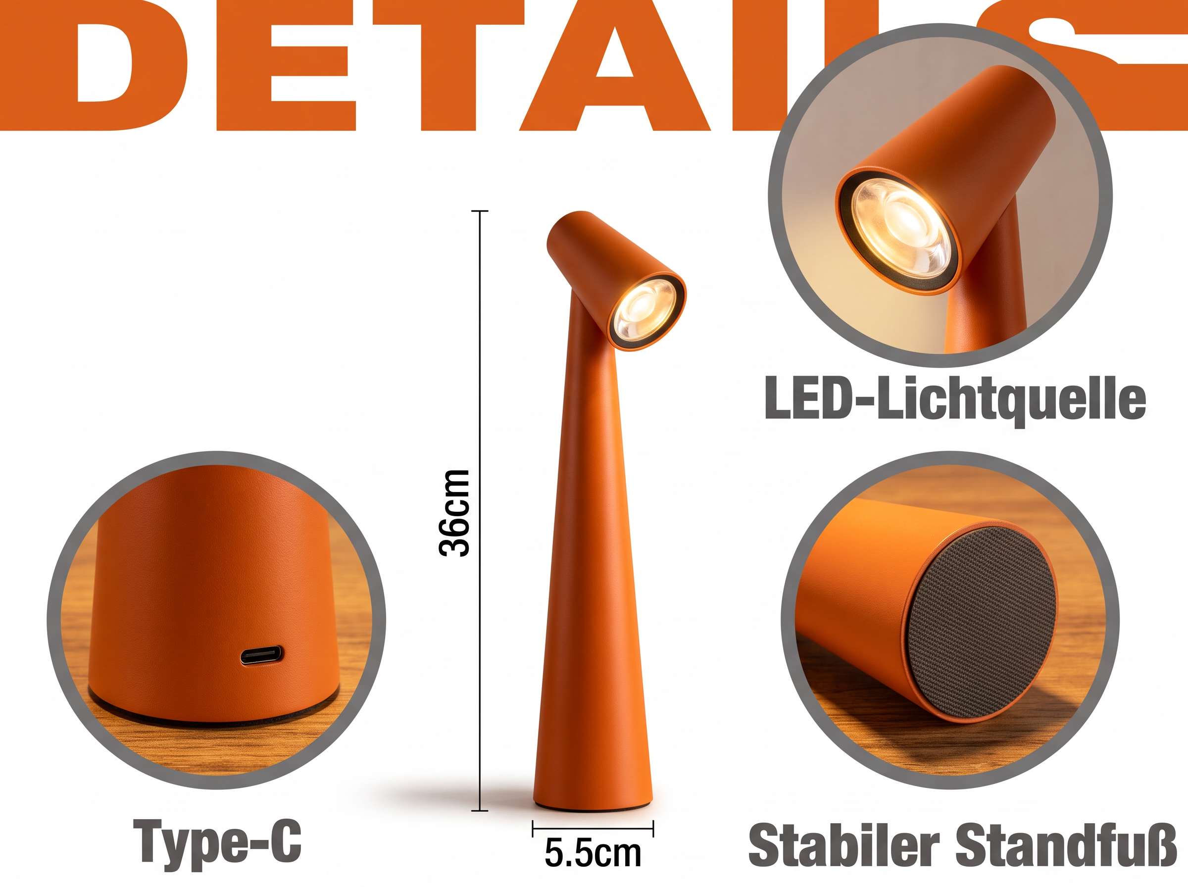 Orangerüde Schreibtischlampe mit 36 cm Höhe, USB-C-Anschluss und LED-Licht.