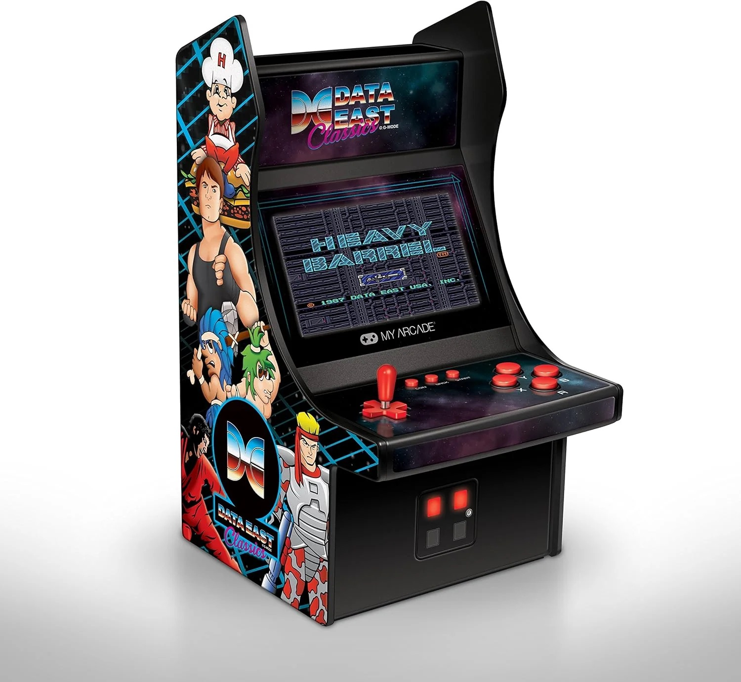 Mini cabinato arcade Data East Classics con schermo e joystick.