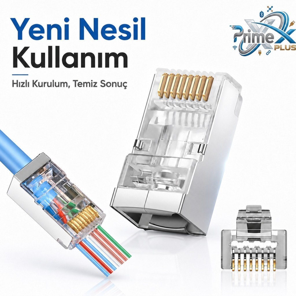 Beyaz arka planda altın kontaklı ve renkli kablolu şeffaf RJ45 konnektörleri ve metin.