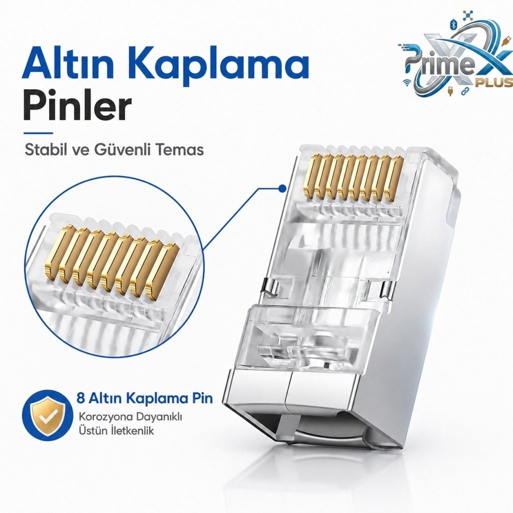 Sekiz altın kaplama pinli ve metal korumalı şeffaf RJ45 konnektör.