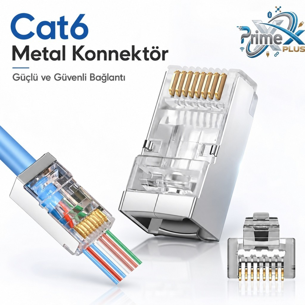 Açık arka planda renkli kabloları ve altın kaplama kontakları olan Cat6 metal konnektör.