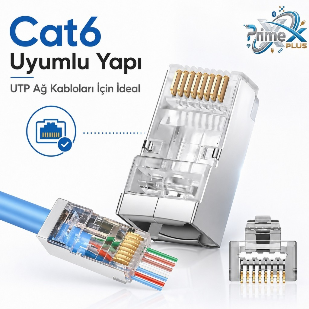 UTP ağ kabloları için altın pinli, şeffaf yapılı ve Türkçe tanıtım yazılı Cat6 RJ45 konnektörleri.