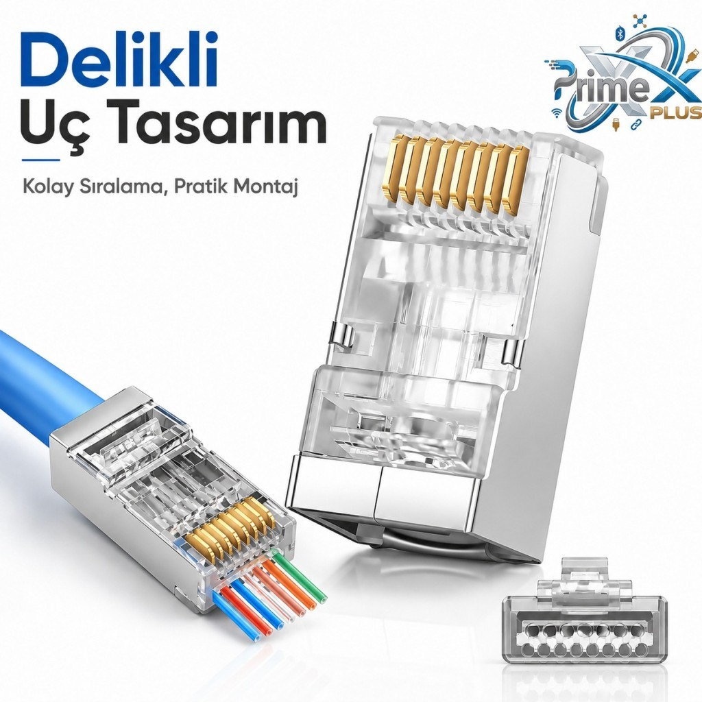 Altın kontaklı ve mavi kablolu şeffaf RJ45 konnektörleri.