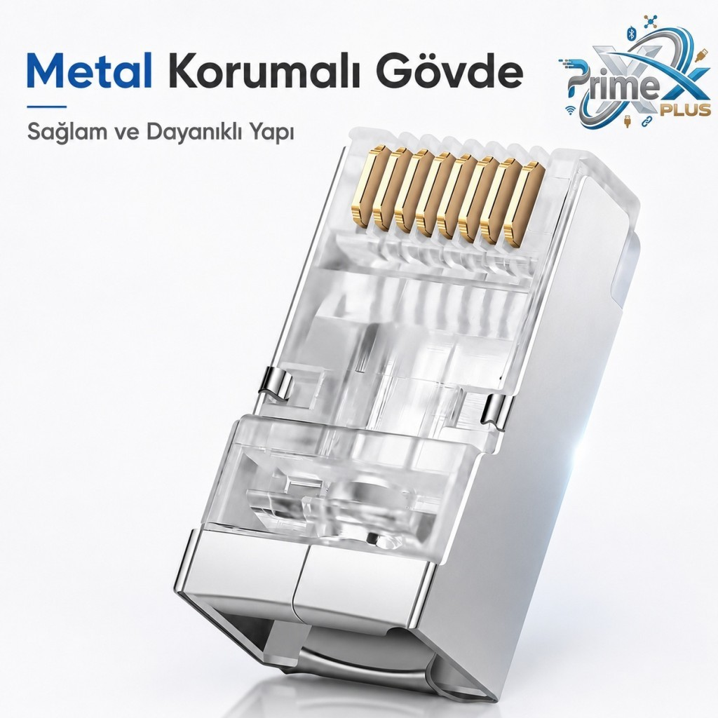 Altın pinli ve sağlam metal gövdeli şeffaf bir RJ45 kablo konnektörü.