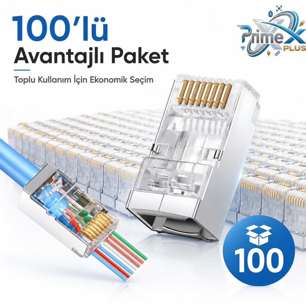 Altın kaplama pinli şeffaf RJ45 Ethernet konnektörü, 100'lü avantajlı paket yazılı reklam görseli.