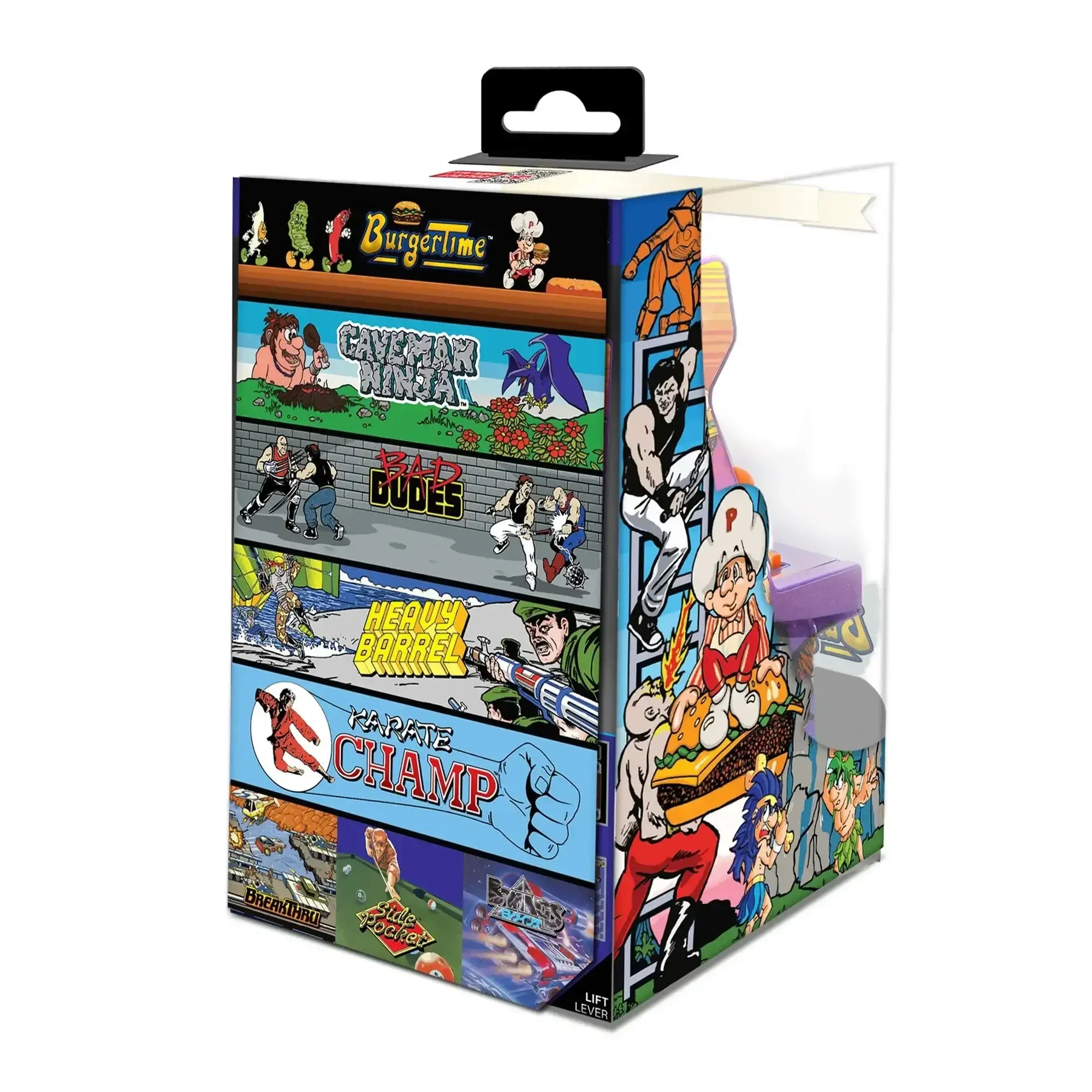 Verpackung eines Data East Micro-Spielautomaten mit bunten Klassiker-Grafiken wie BurgerTime.