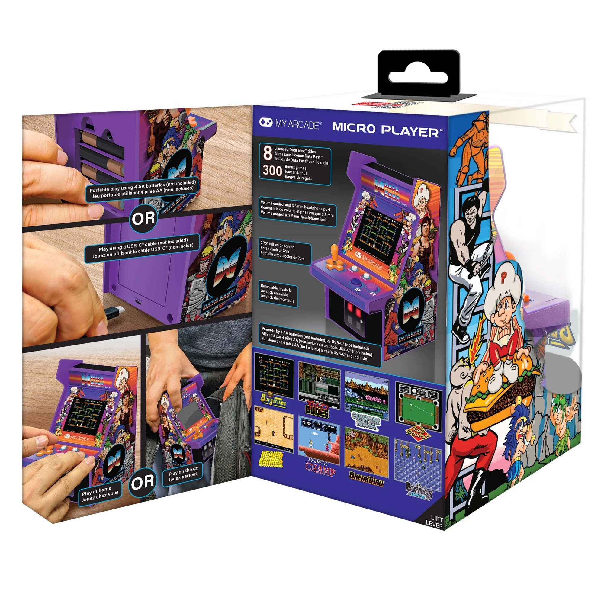 Verpackung des My Arcade Micro Players mit lila Mini-Arcade-Automat, Spiel-Screenshots und Batteriedetails.