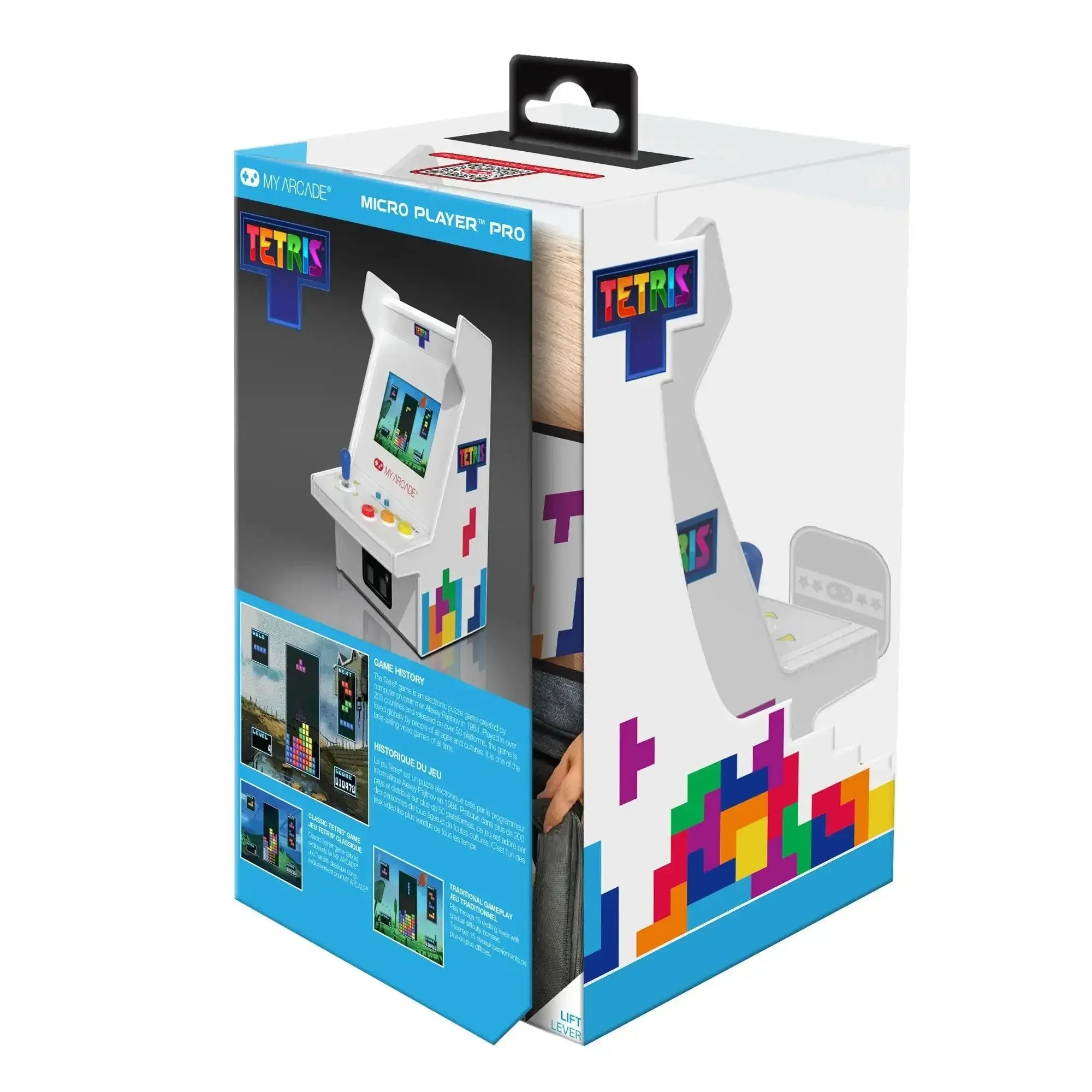 Verpackung der My Arcade Tetris Micro Player Pro Konsole mit farbigen Blöcken und Produktbildern.