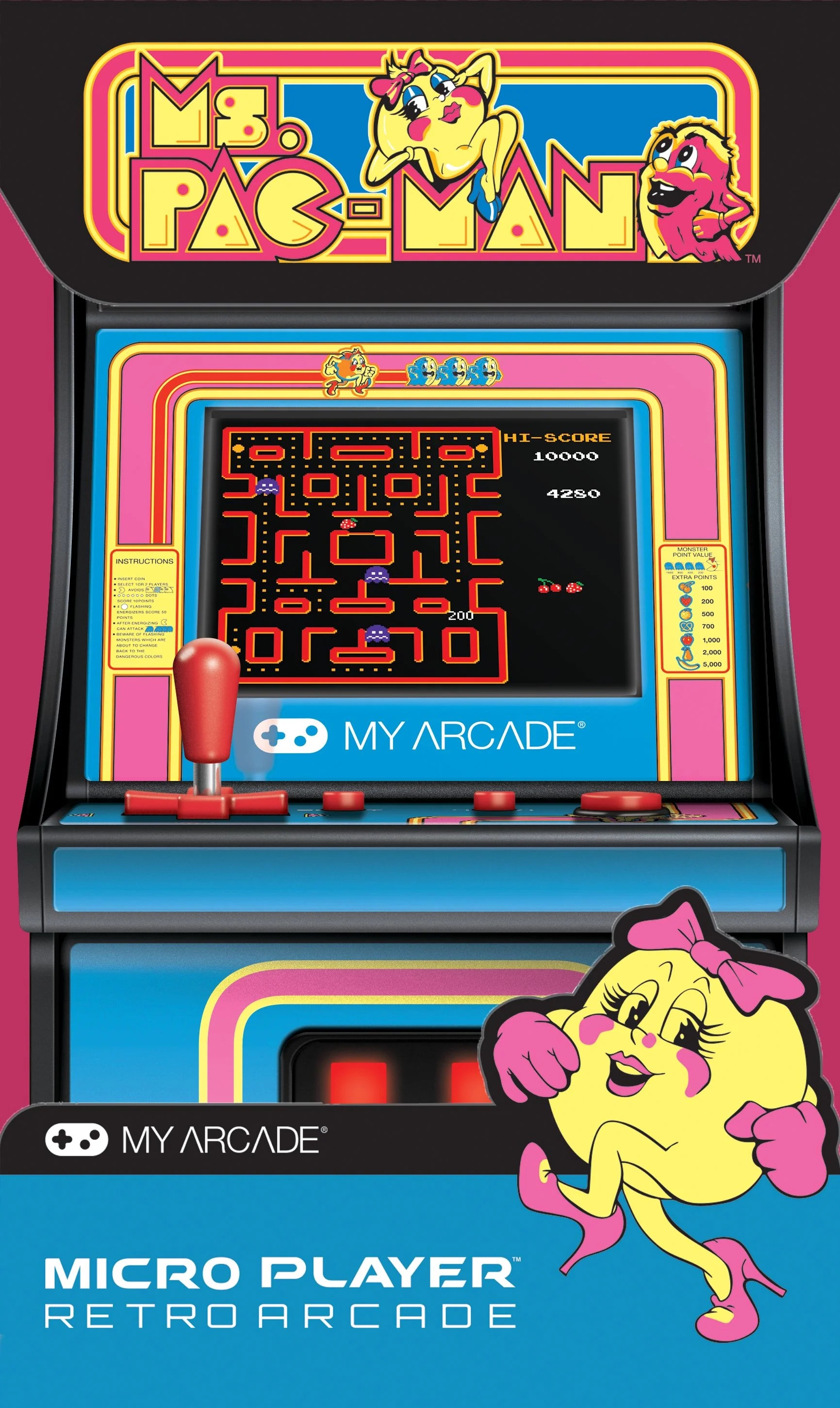 Ms. Pac-Man Micro Player Arcade-Automat mit Joystick, Bildschirm und farbenfrohem Design.