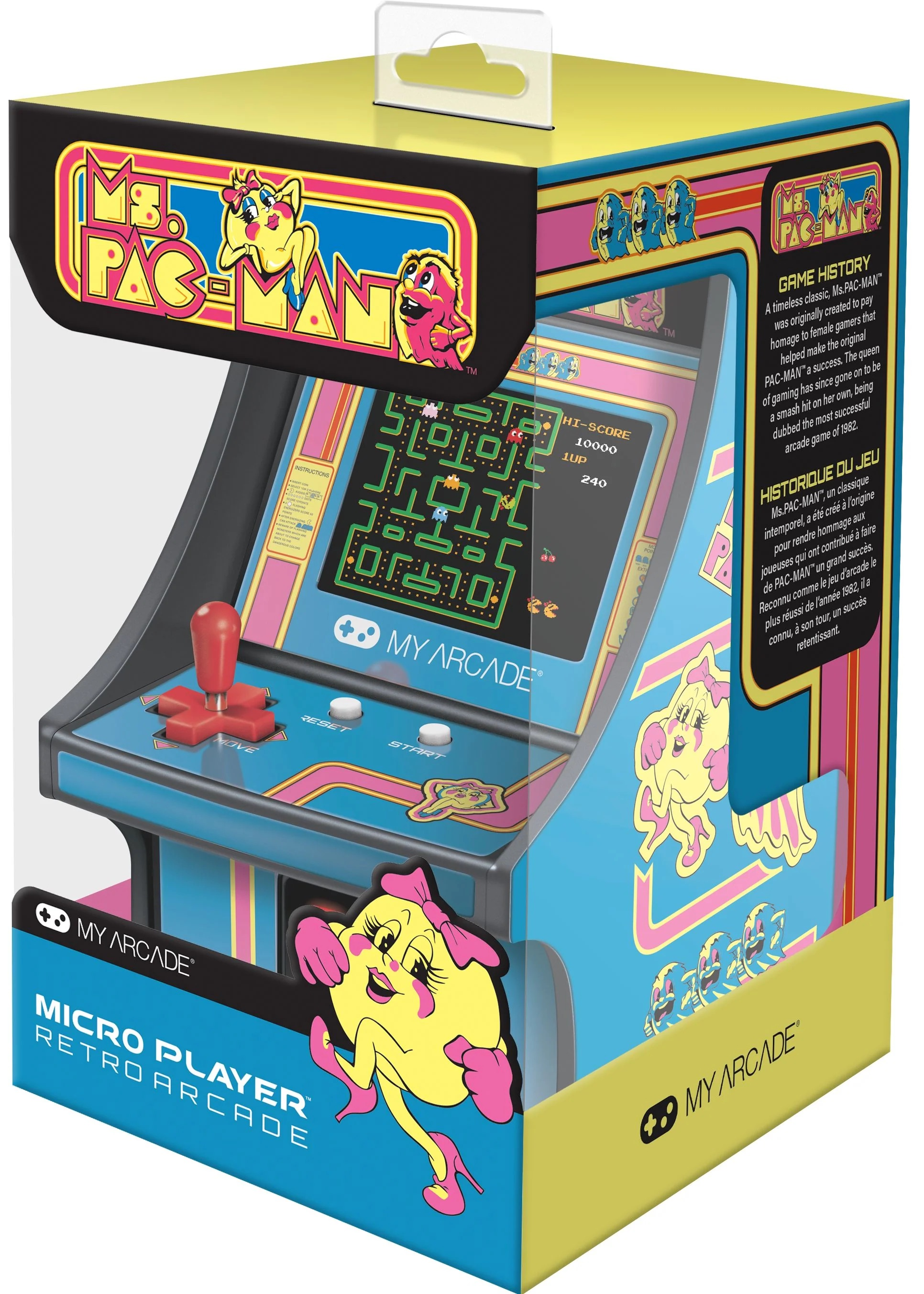 Verpackung eines My Arcade Micro Players mit Ms. Pac-Man Design, inklusive Bildschirm, Joystick und Tasten.