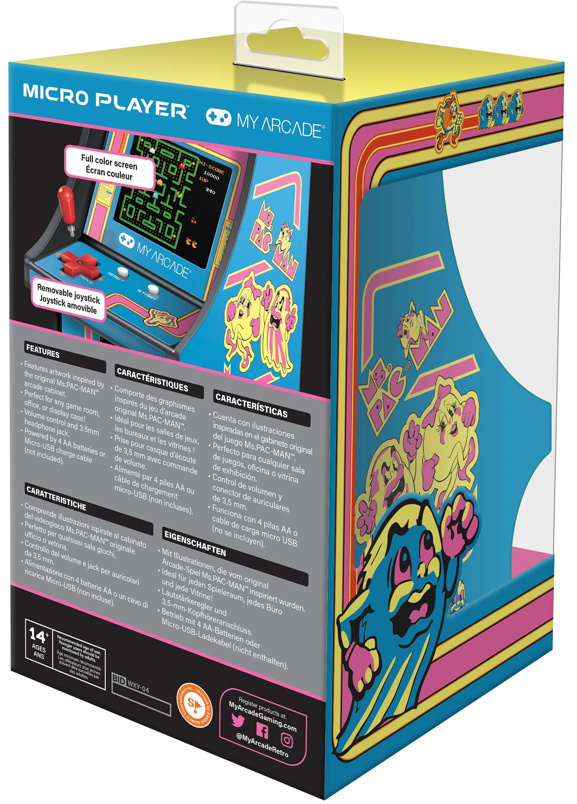 Verpackung des My Arcade Ms. PAC-MAN Micro Players mit Funktionen und buntem Automaten-Design.