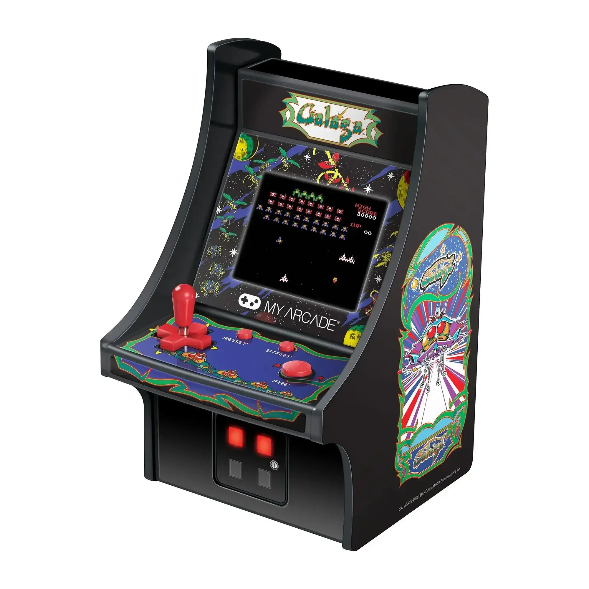 Un mini cabinato arcade nero per Galaga con joystick rosso, pulsanti e schermo illuminato.
