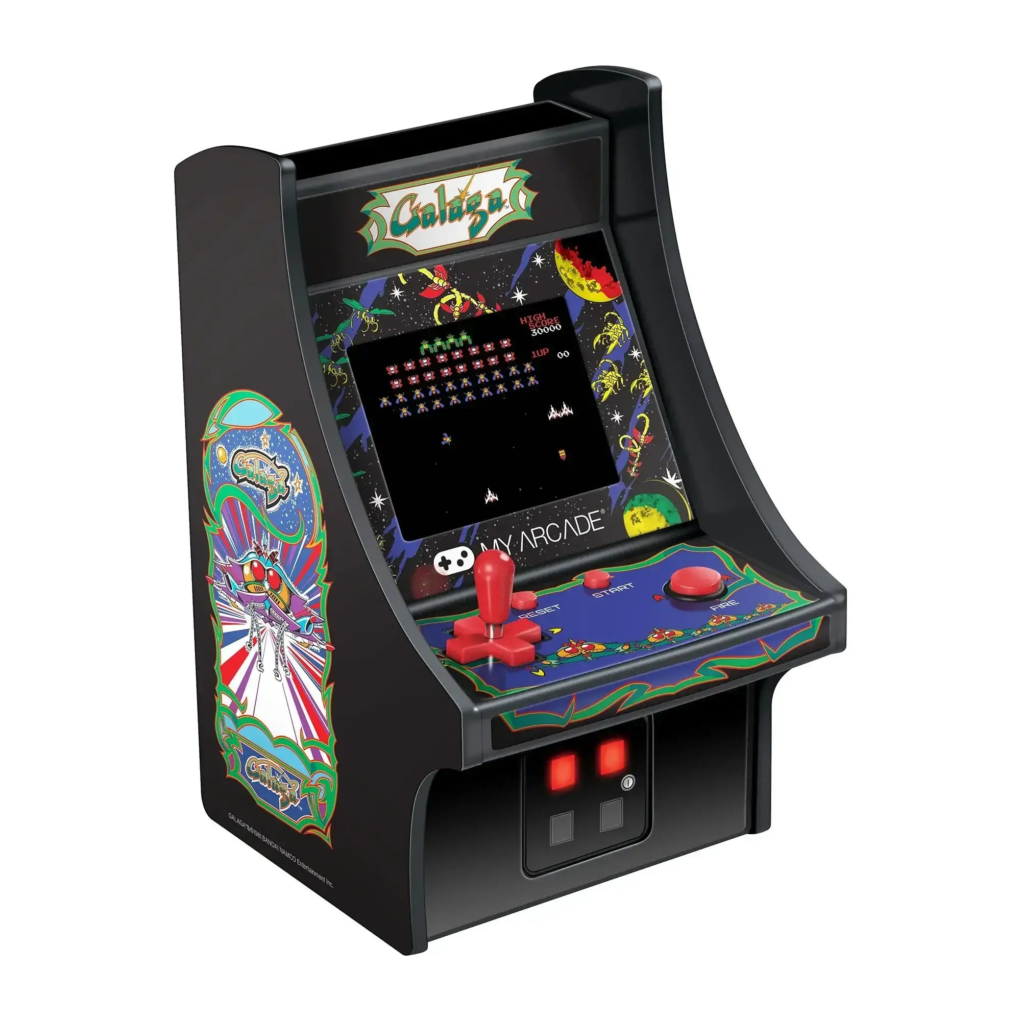 Mini cabinetto arcade Galaga nero con grafica colorata, joystick rosso e pulsanti su sfondo bianco.