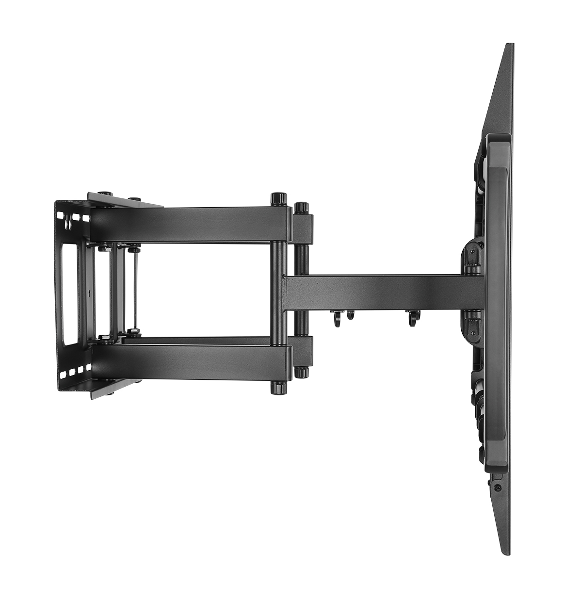 Vista laterale di un supporto da parete nero articolato per TV, completamente esteso su sfondo bianco.