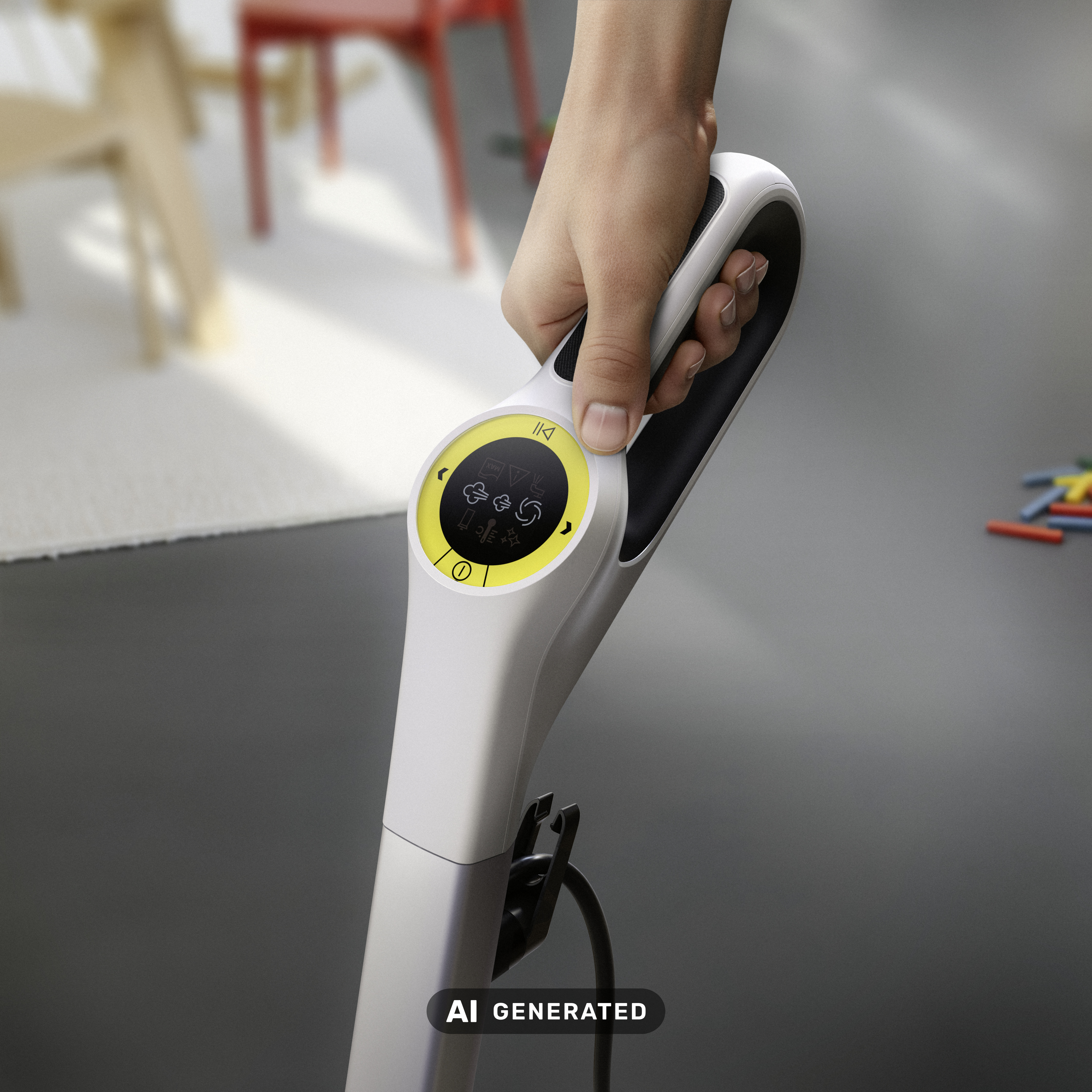 Eine Hand hält den weißen Griff eines Haushaltsgeräts mit gelbem Digitaldisplay.