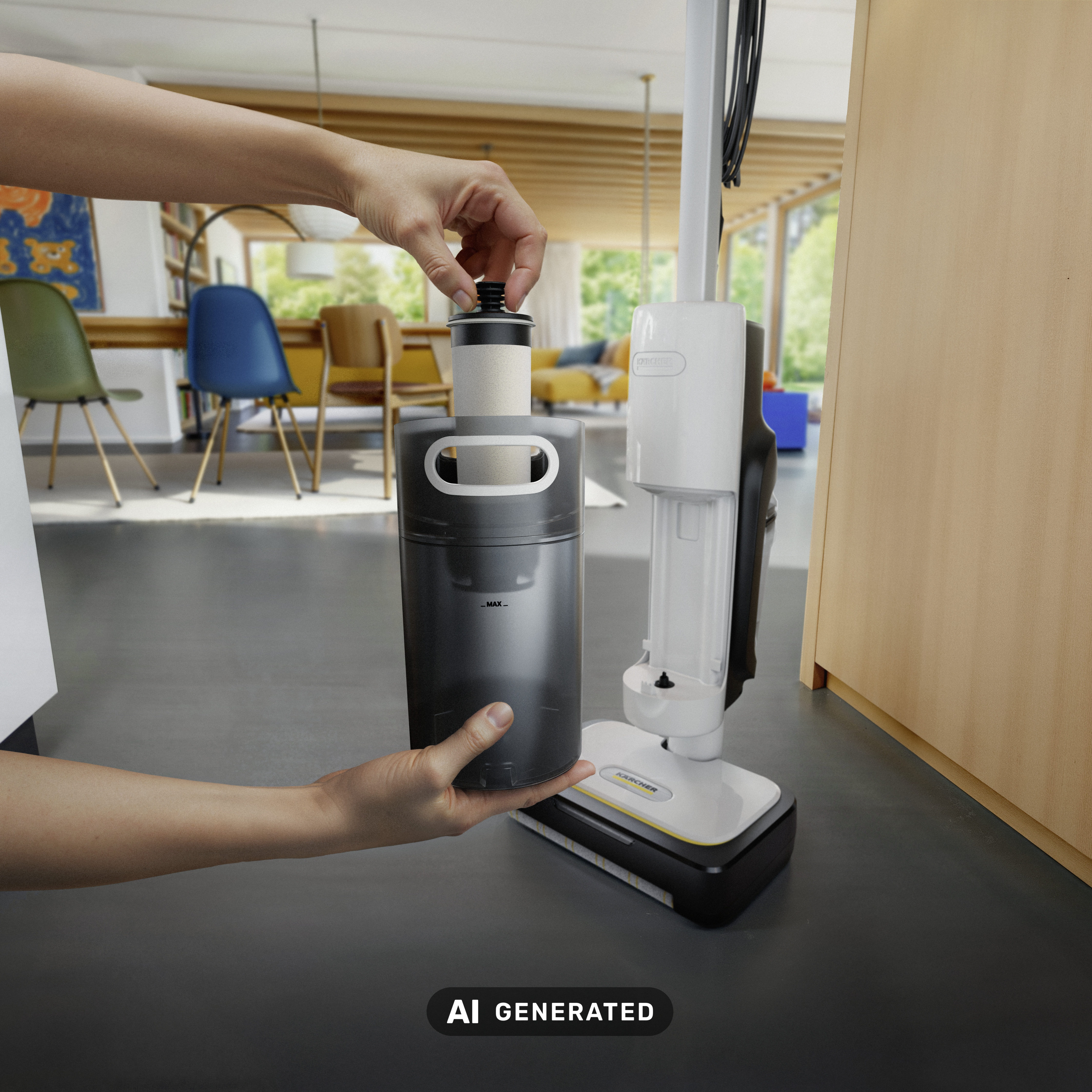 Eine Person hält den Filter eines weiß-schwarzen Kärcher Bodenreinigers in einem hellen, modernen Wohnzimmer.