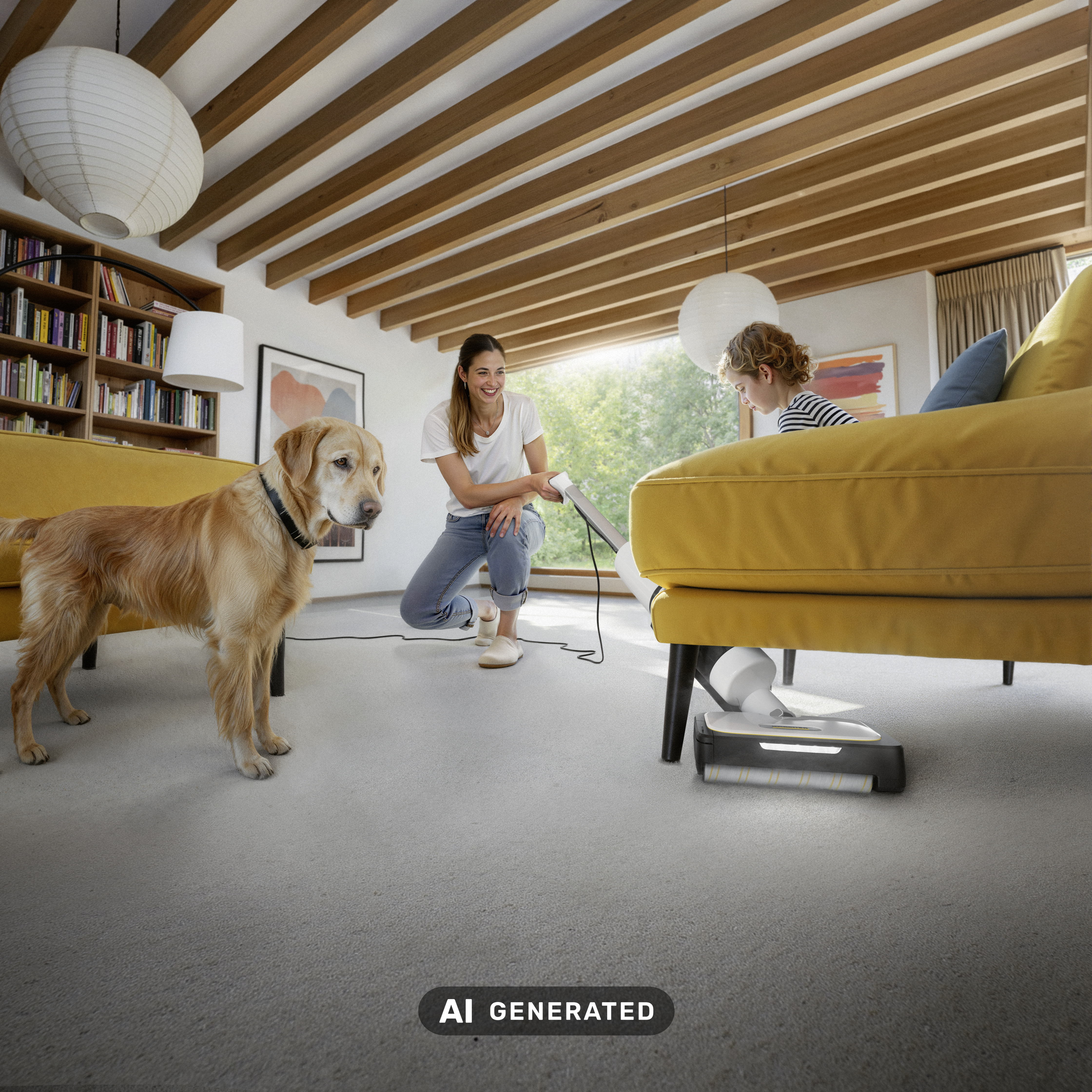 Eine Frau staubsaugt einen Teppich im Wohnzimmer, während ein Kind auf einem gelben Sofa sitzt und ein Hund zuschaut.