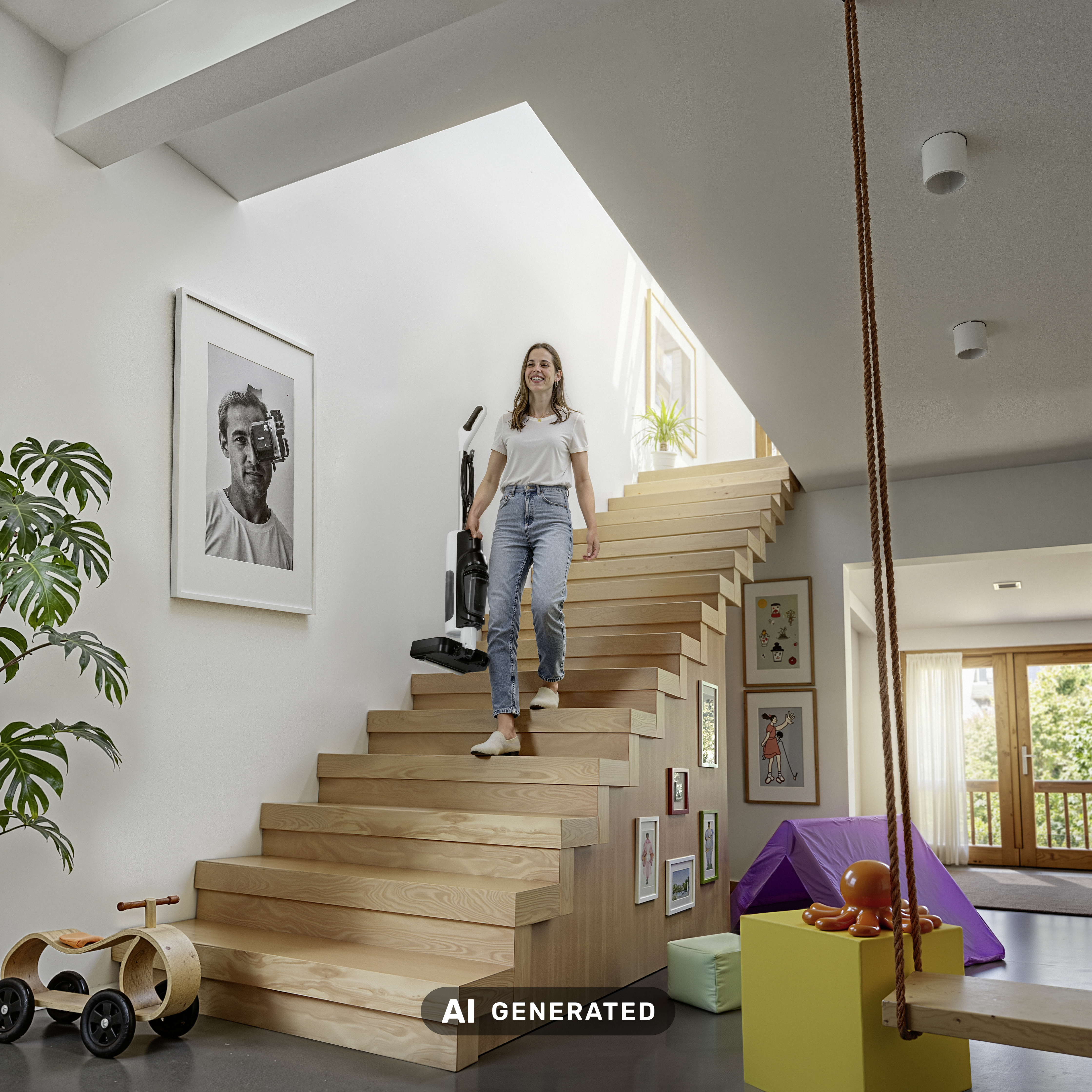 Eine Frau geht eine Holztreppe hinab und trägt einen Staubsauger, in einem hellen modernen Raum.