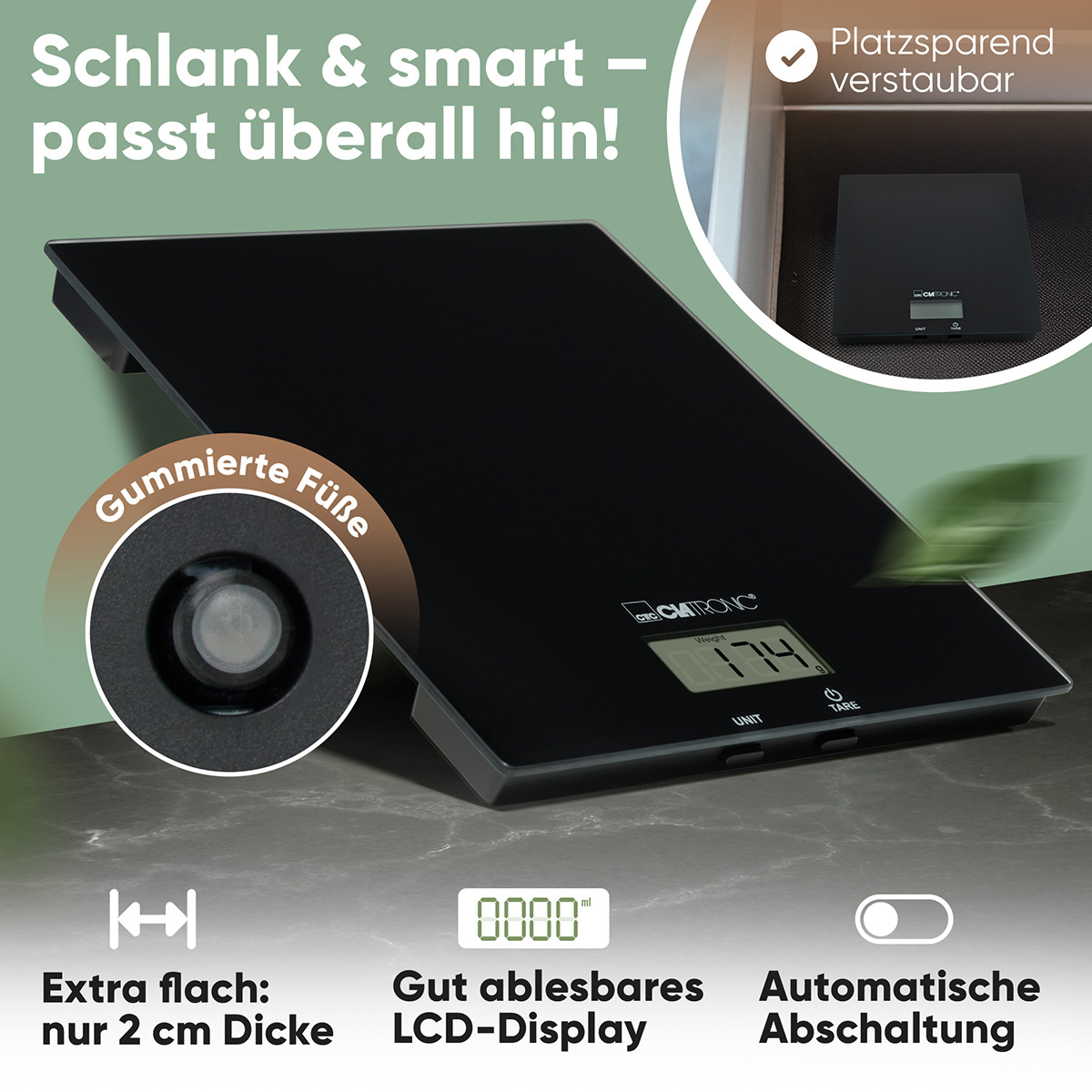 Bilancia da cucina Clatronic nera con display LCD epiedini in gomma su superficie scura.