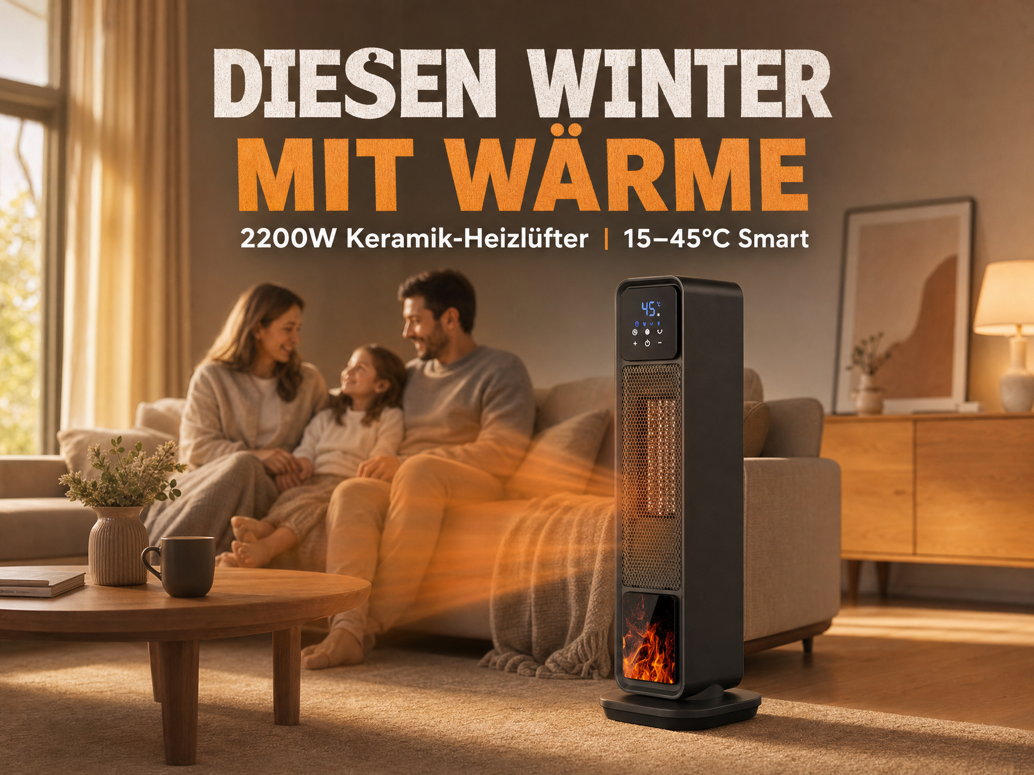 Familie auf Sofa in einem Wohnzimmer neben einem schwarzen Keramik-Heizlüfter mit digitalem Display.