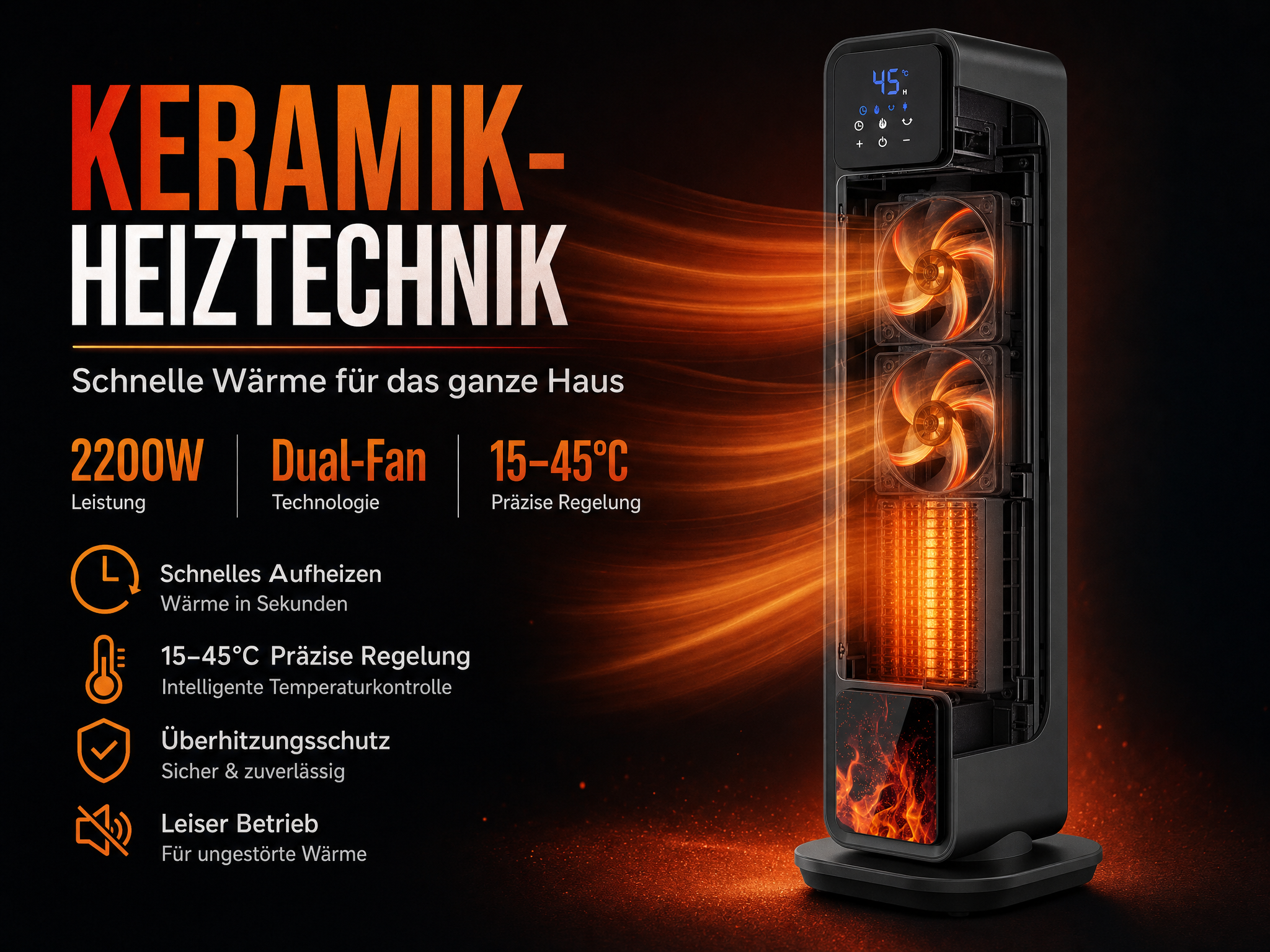 Ein schwarzer Keramik-Heizlüfter mit orangefarbenen Wärmewellen und deutscher Produktbeschriftung.