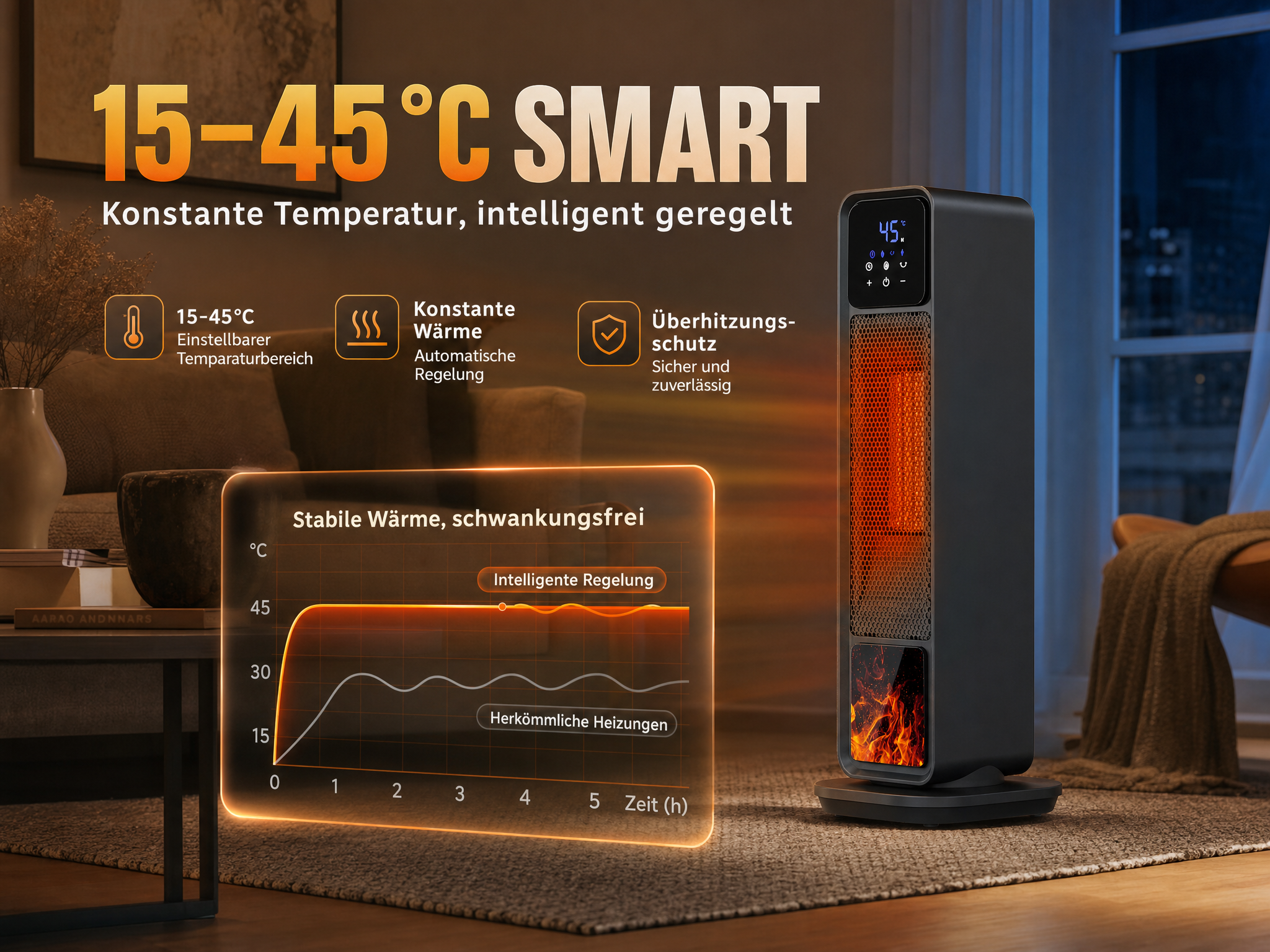 Ein schwarzer Turmheizlüfter in einem Wohnzimmer zeigt Textgrafiken zu Temperatur und konstanter Wärme.