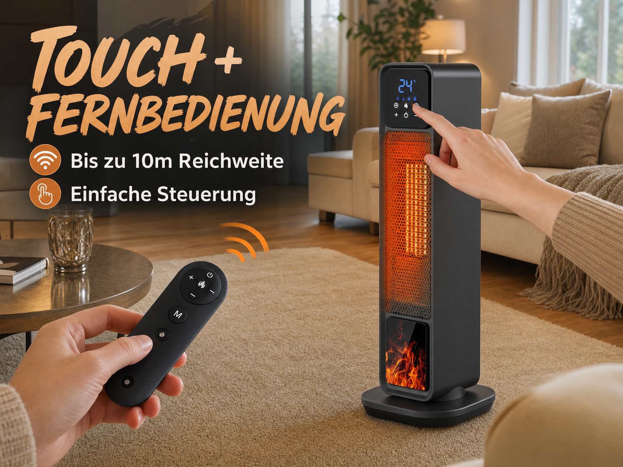 Hand bedient einen schwarzen Turmheizlüfter mit Touch-Display und Fernbedienung im Wohnzimmer.