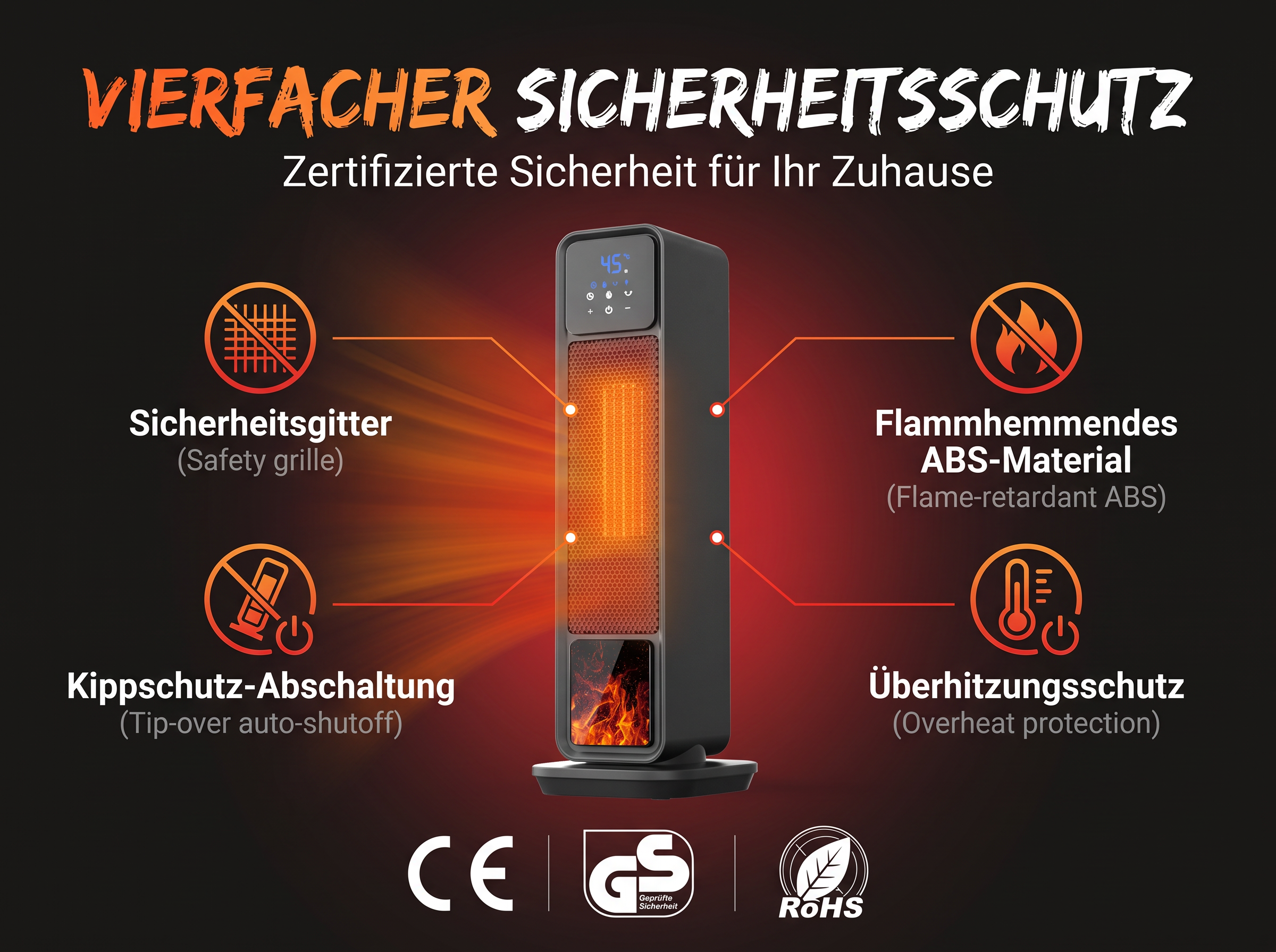 Ein schwarzer Turmheizer mit vierfachen Sicherheitsfunktionen auf schwarzem Hintergrund mit CE- und GS-Zeichen.