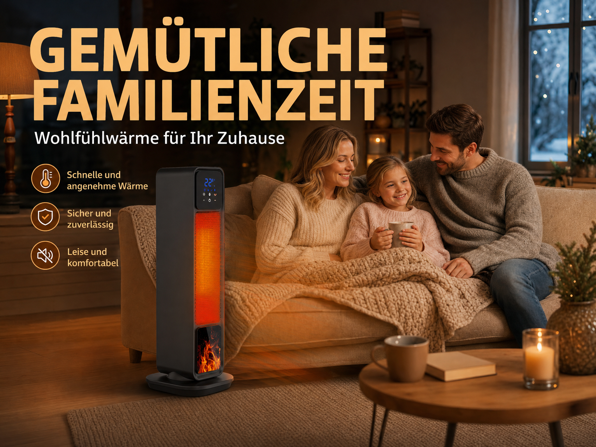 Eine Familie sitzt gemütlich auf einem Sofa neben einem elektrischen Heizlüfter im Wohnzimmer.