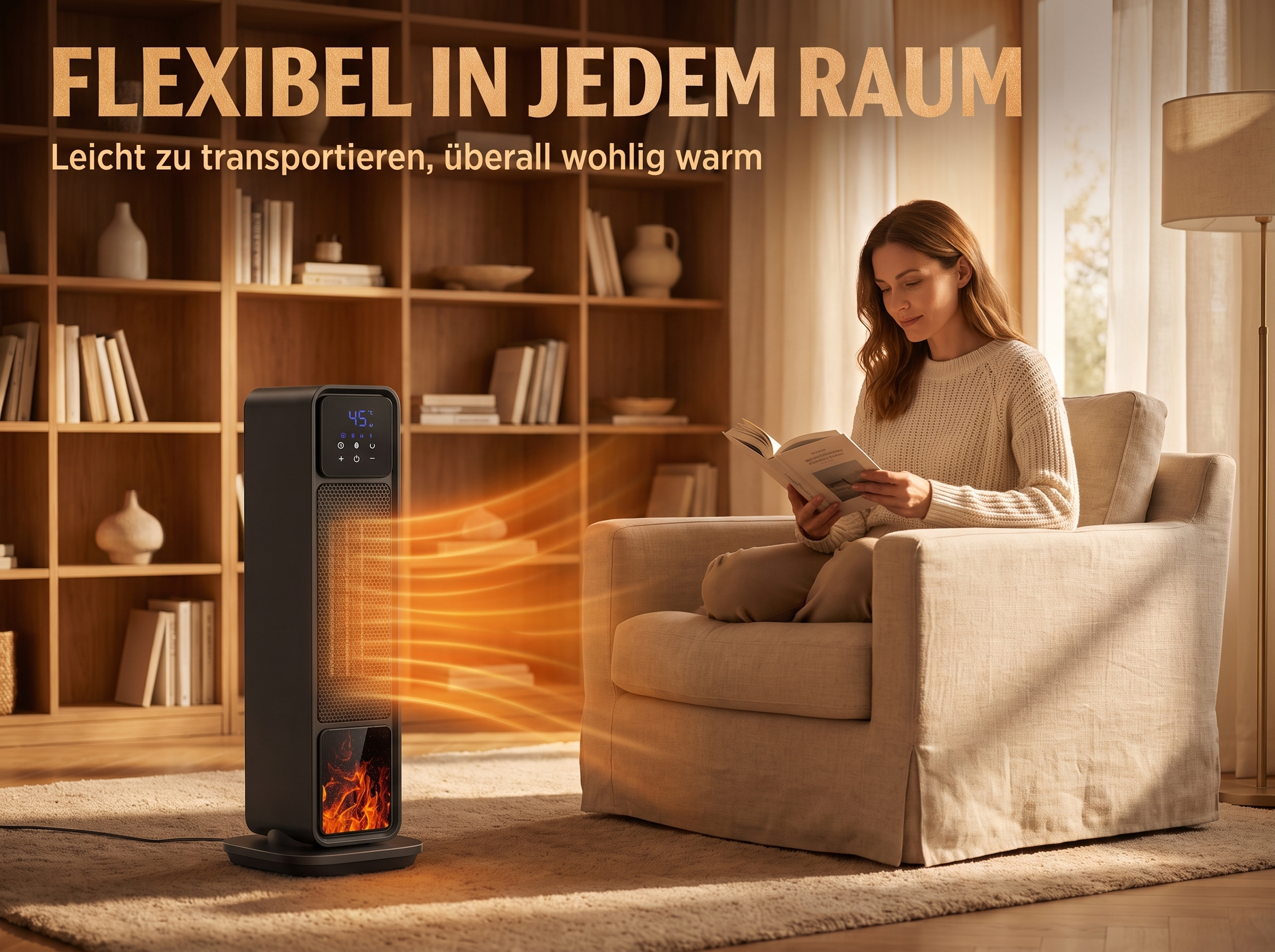 Eine Frau liest in einem gemütlichen Raum, während ein schwarzer Standheizer Wärme ausstrahlt.