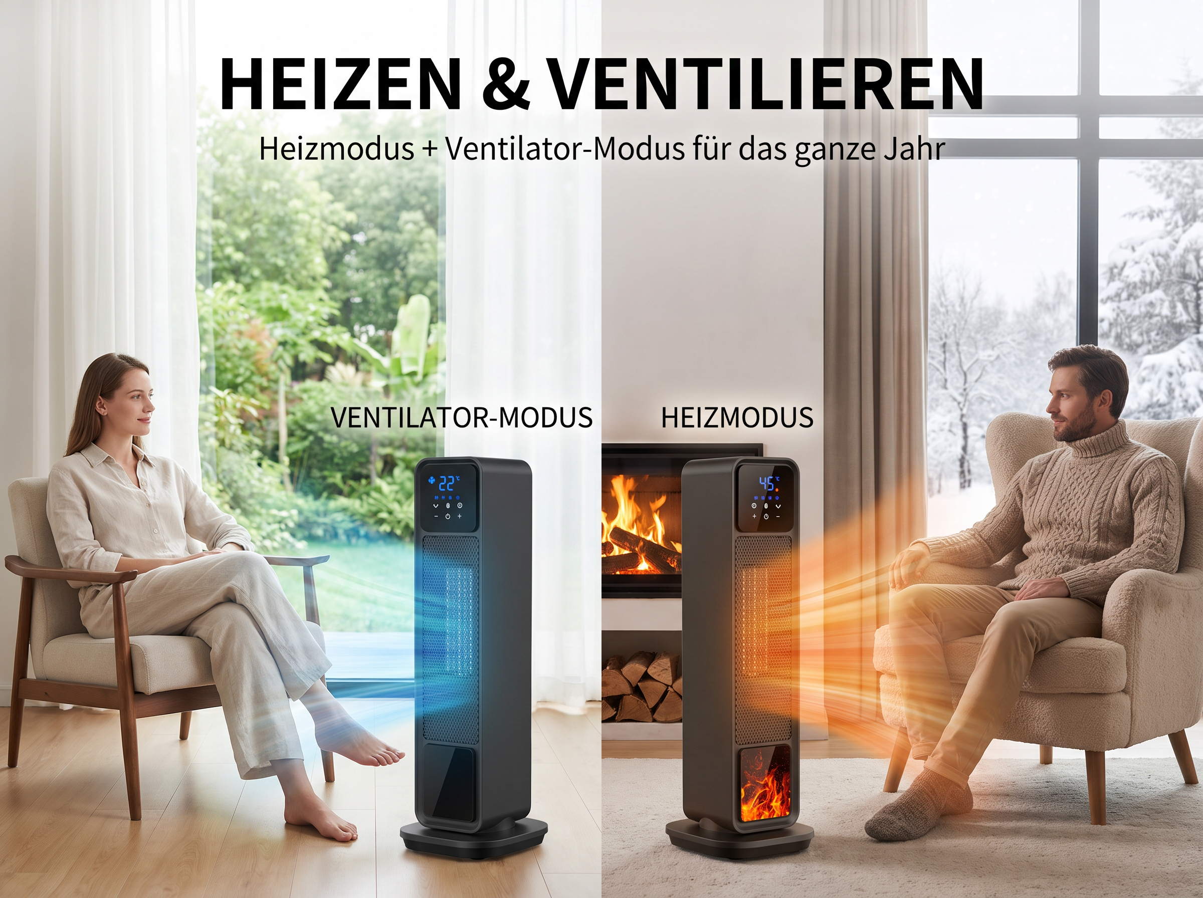 Geteilter Bildschirm zeigt Heizlüfter: links kühlt er im Sommer, rechts wärmt er im Winter.