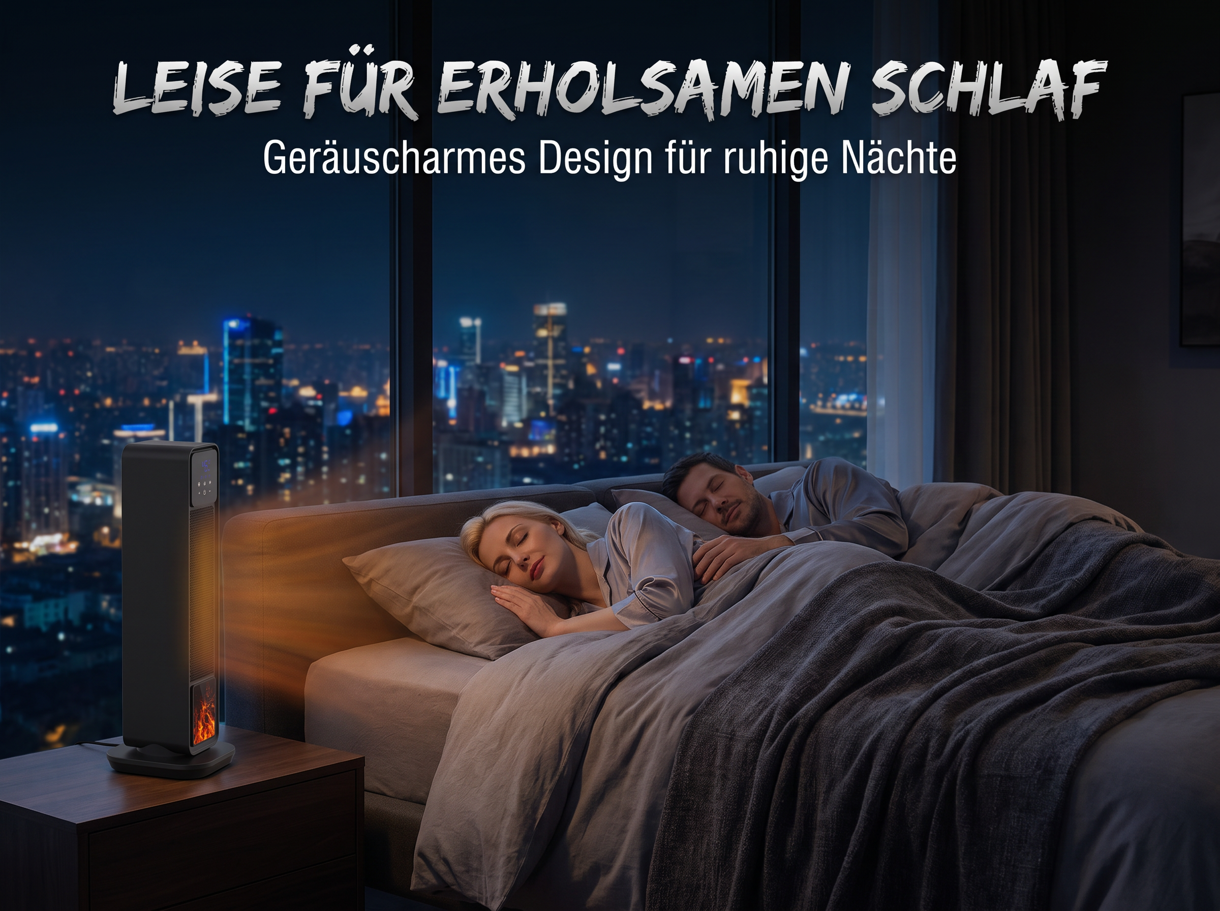 Ein Paar schläft friedlich in einem Bett neben einem leuchtenden Heizlüfter mit Blick auf eine nächtliche Stadt.