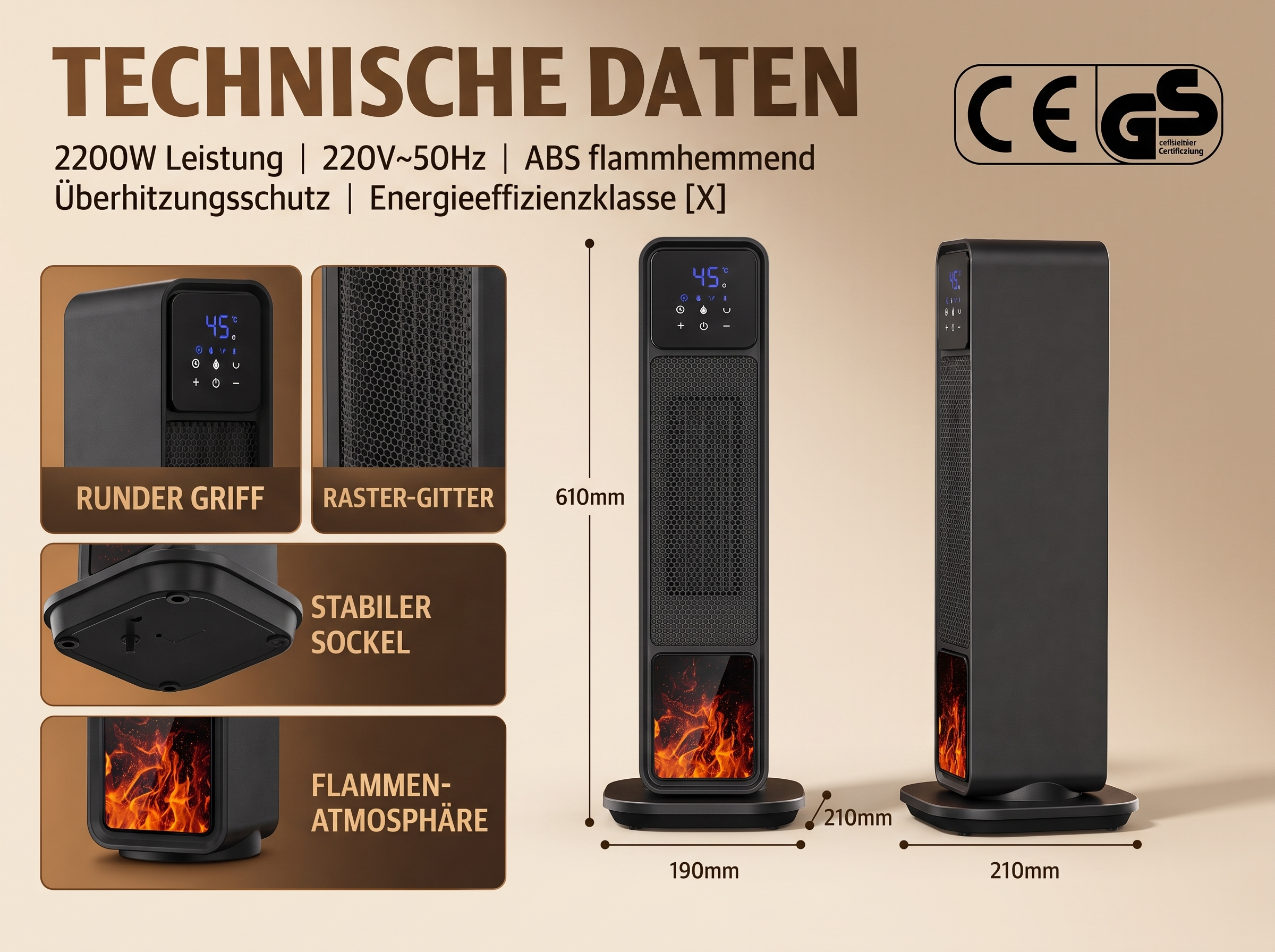 Technische Daten und Detailansichten eines schwarzen Turmheizlüfters mit Flammeneffekt und Maßen.