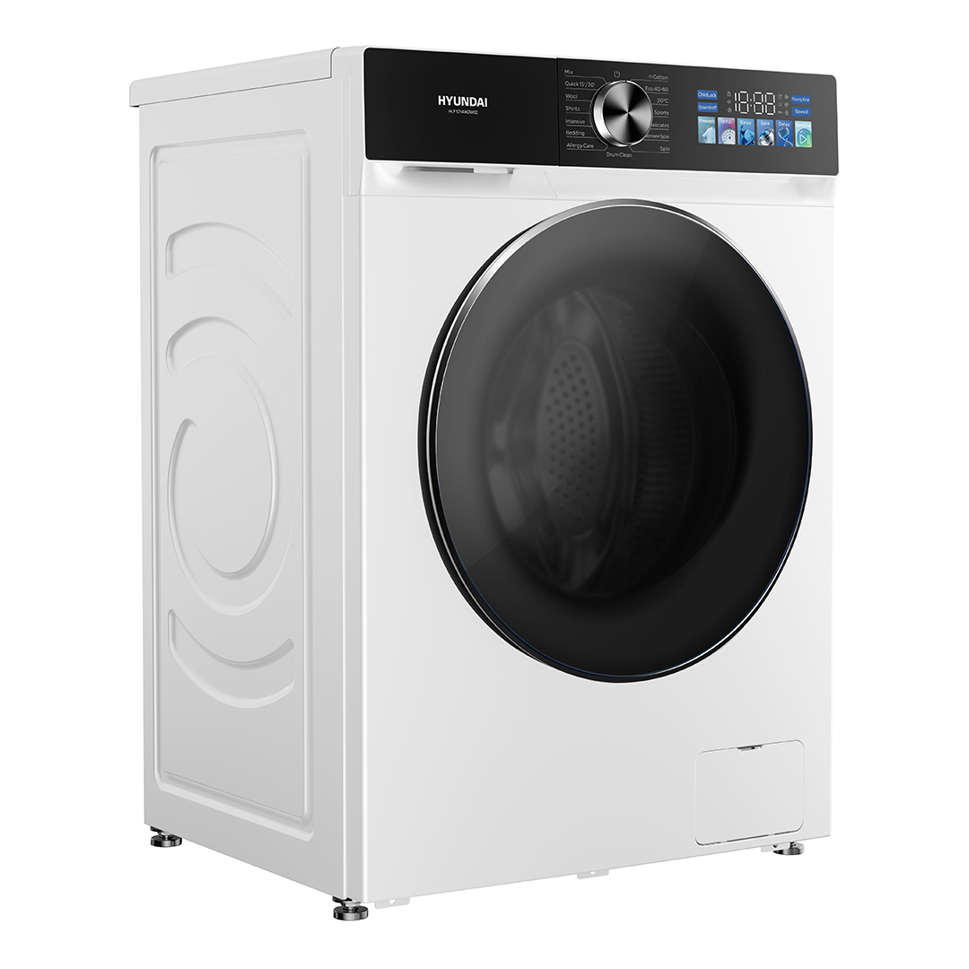 Una lavadora frontal blanca Hyundai con panel de control negro y puerta de cristal redonda sobre fondo blanco.
