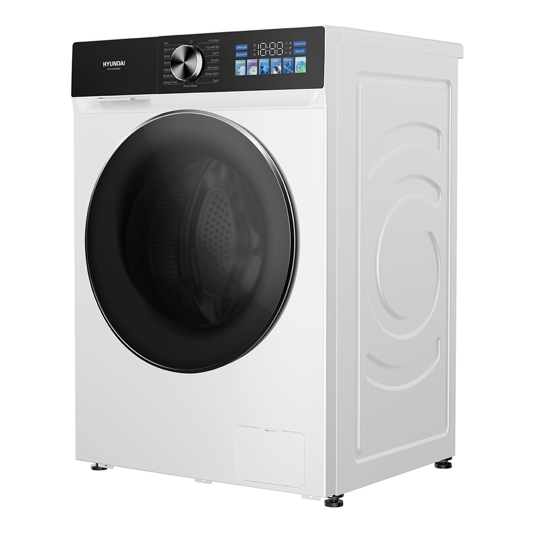 Una lavadora blanca con panel de control negro, mando giratorio y puerta de cristal redonda sobre pequeñas patas negras.