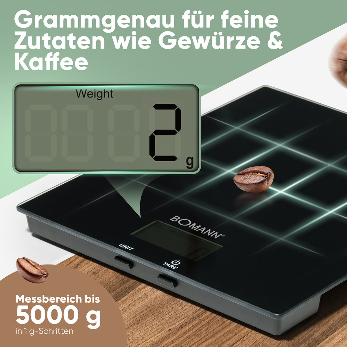 Eine schwarze Küchenwaage mit Kaffeebohnen darauf und einer digitalen Anzeige mit der Ziffer 2.