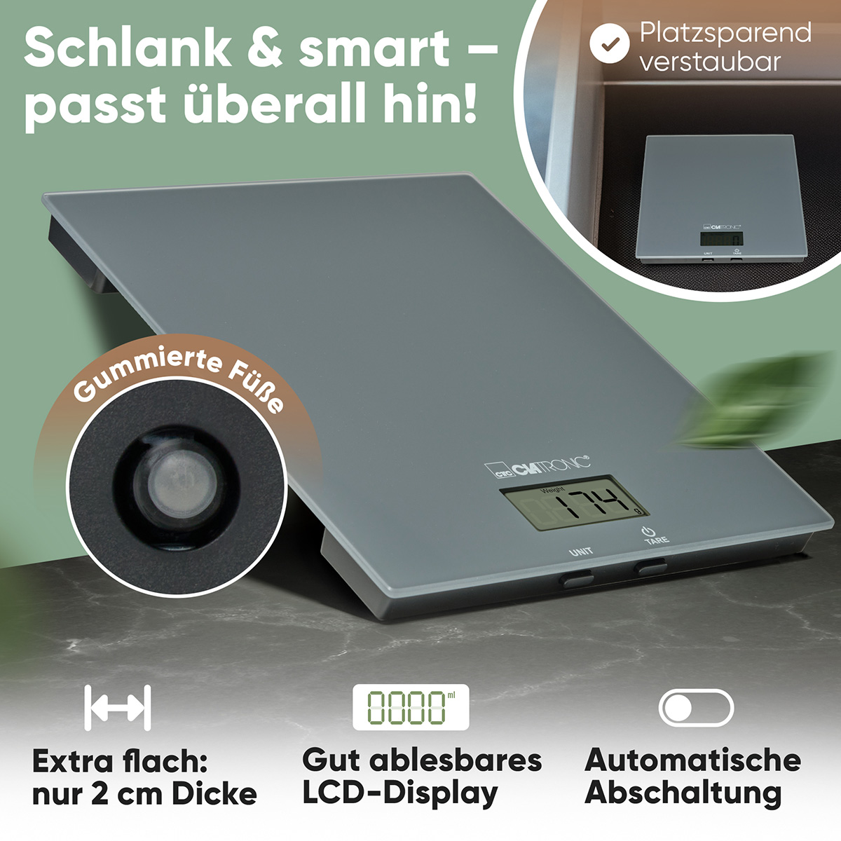 Graue Clatronic Küchenwaage mit LCD-Display, Gummifüßen und platzsparendem, flachem Design auf dunkler Oberfläche.