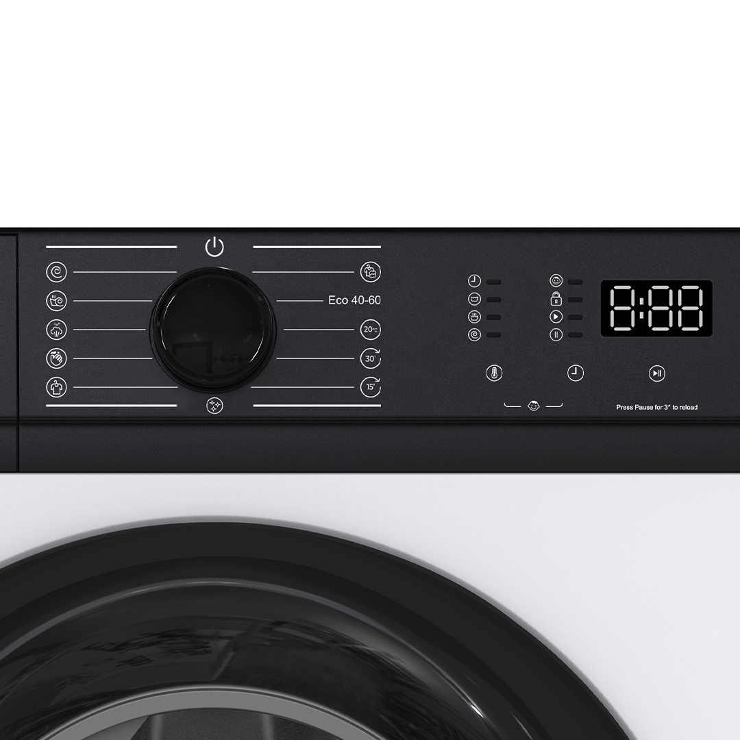 El panel de control de una lavadora con perilla, iconos y pantalla digital.