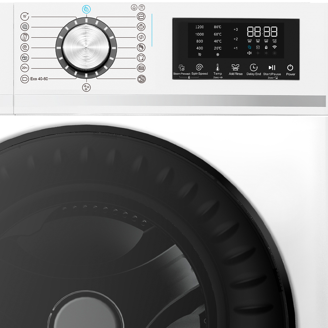 Panel de control de lavadora blanca con mando giratorio, pantalla digital y escotilla negra.