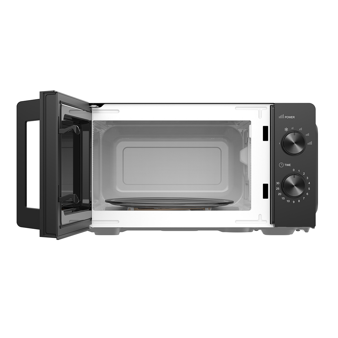 Un microondas negro con la puerta abierta, mostrando el interior vacío y dos perillas de control.