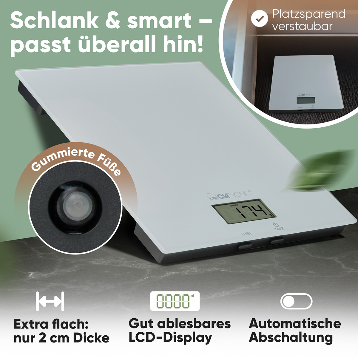 Dünne digitale Küchenwaage mit LCD-Display, Gummifüßen und platzsparendem Design auf dunkler Arbeitsplatte.