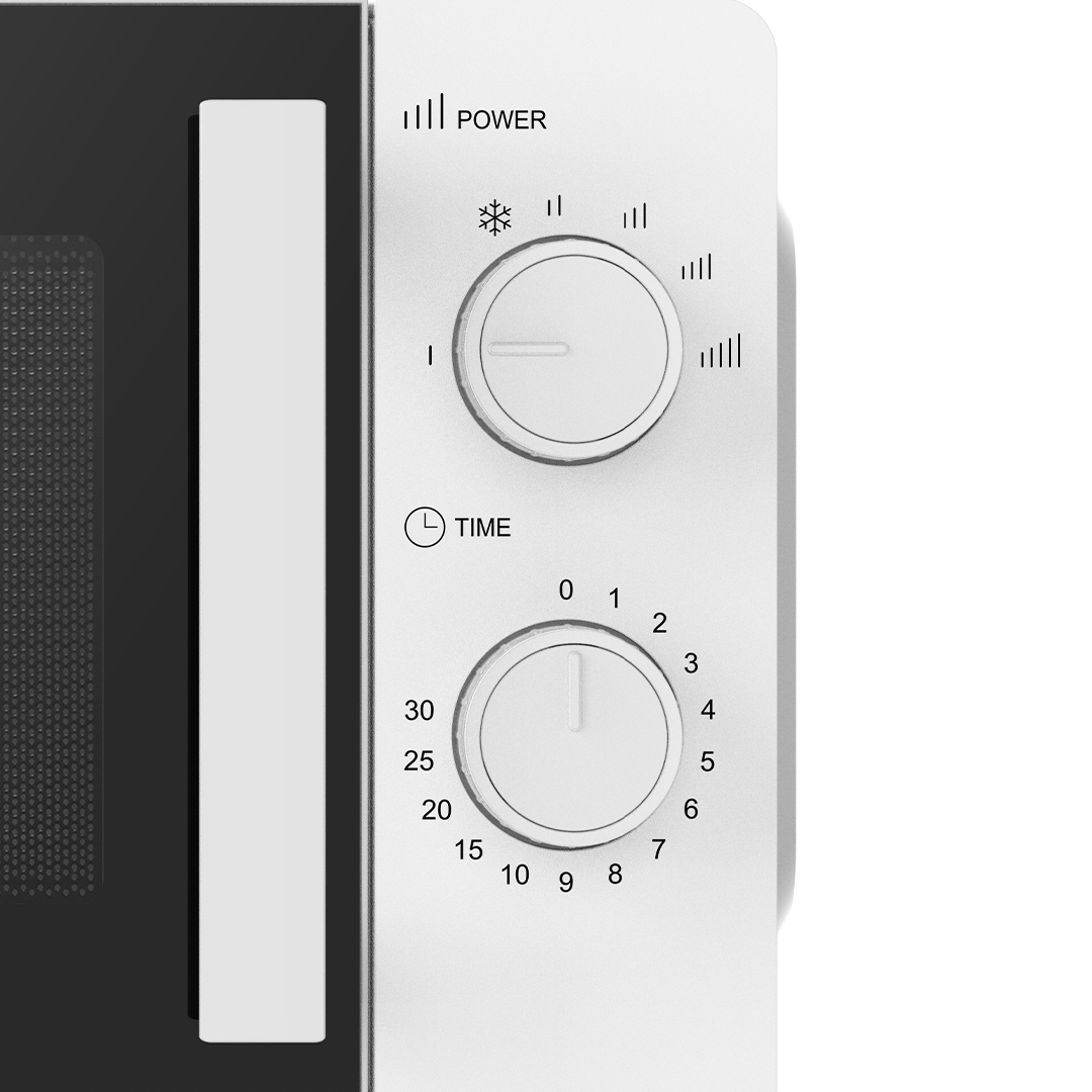 Panel de control de un microondas con dos mandos para potencia y tiempo.