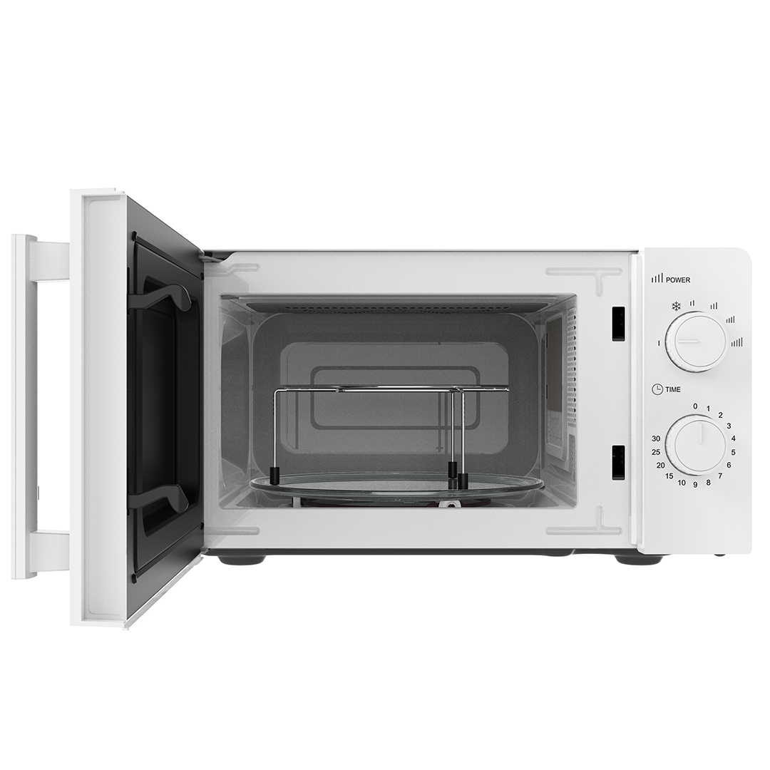 Un microondas blanco con la puerta abierta, una rejilla para grill dentro y dos mandos de control.
