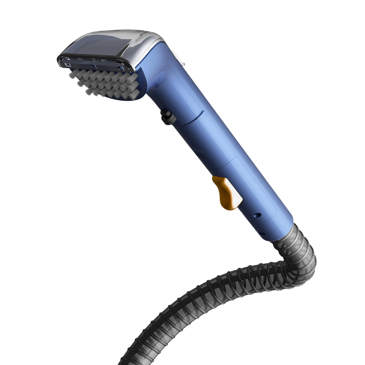 Limpiador a vapor portátil azul con cabezal de cerdas y manguera negra flexible.