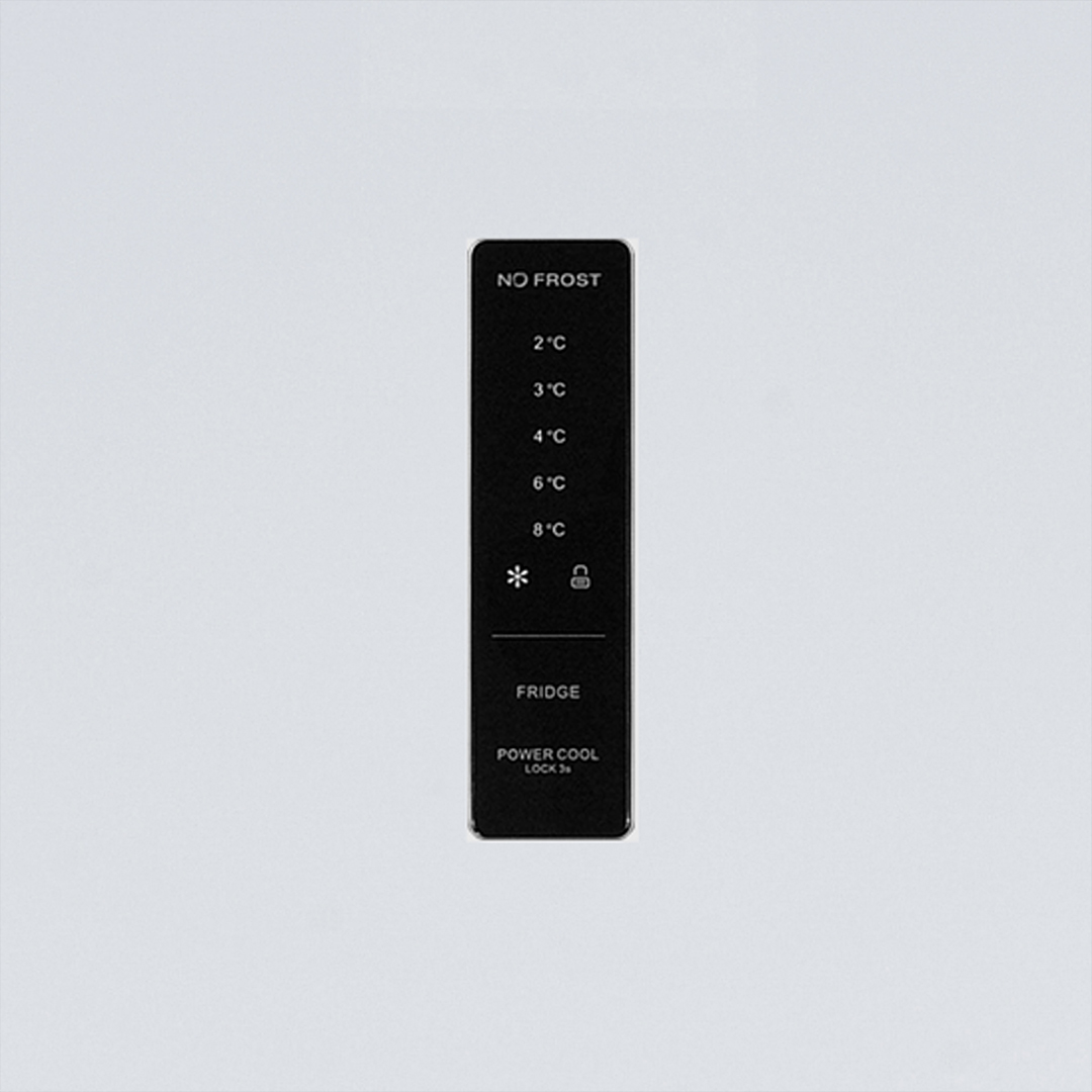 Panel de control LED negro en un refrigerador con ajustes de temperatura e iconos.