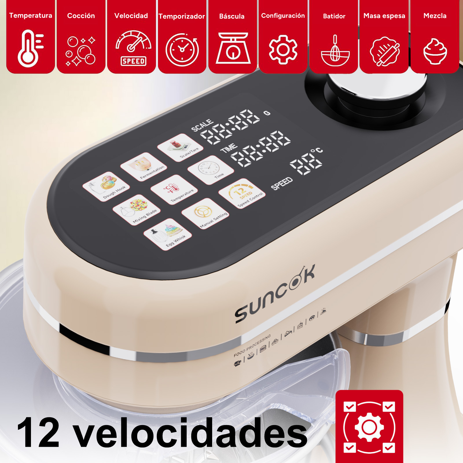 Procesador de alimentos Suncok beige con pantalla digital, iconos táctiles y 12 velocidades.