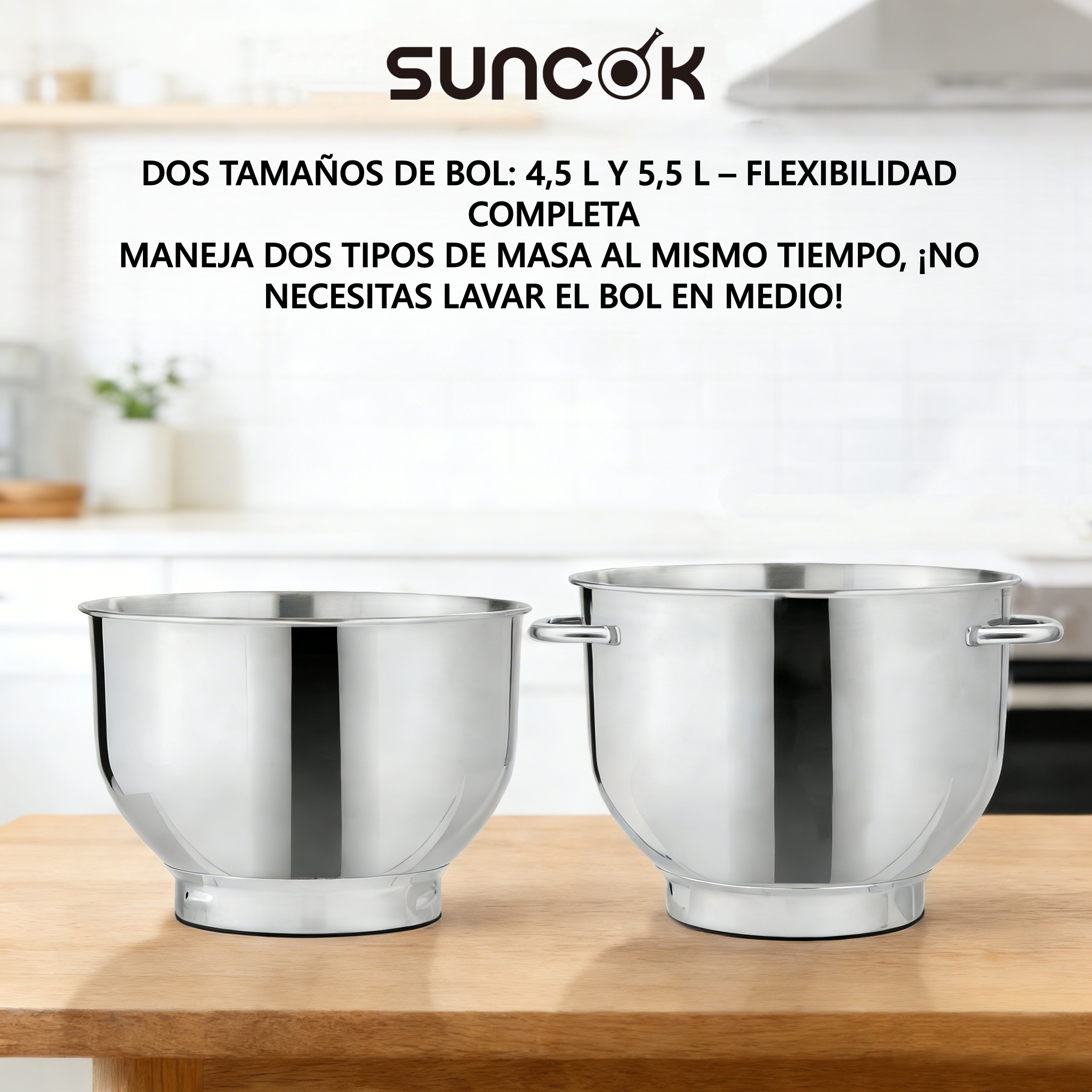 Dos boles mezcladores de acero inoxidable de 4,5L y 5,5L sobre una encimera de madera en una cocina.