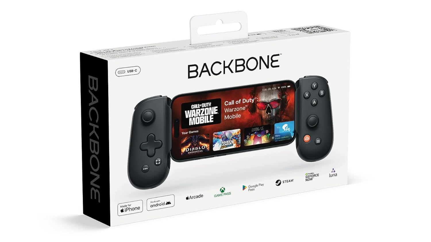 Verpackung des Backbone One Mobile Gaming Controllers für Smartphones mit Call of Duty auf dem Bildschirm.