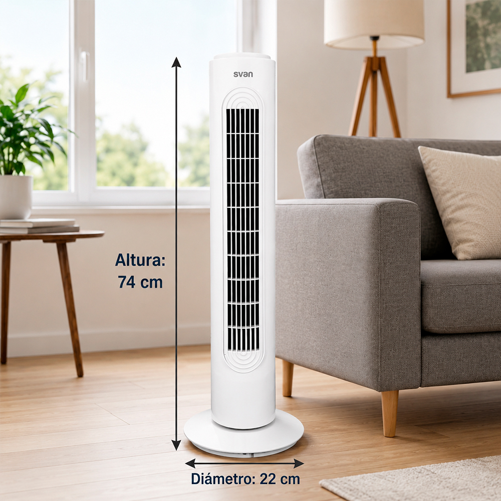Ventilador de torre blanco de 74 cm de alto y 22 cm de diámetro en un salón.