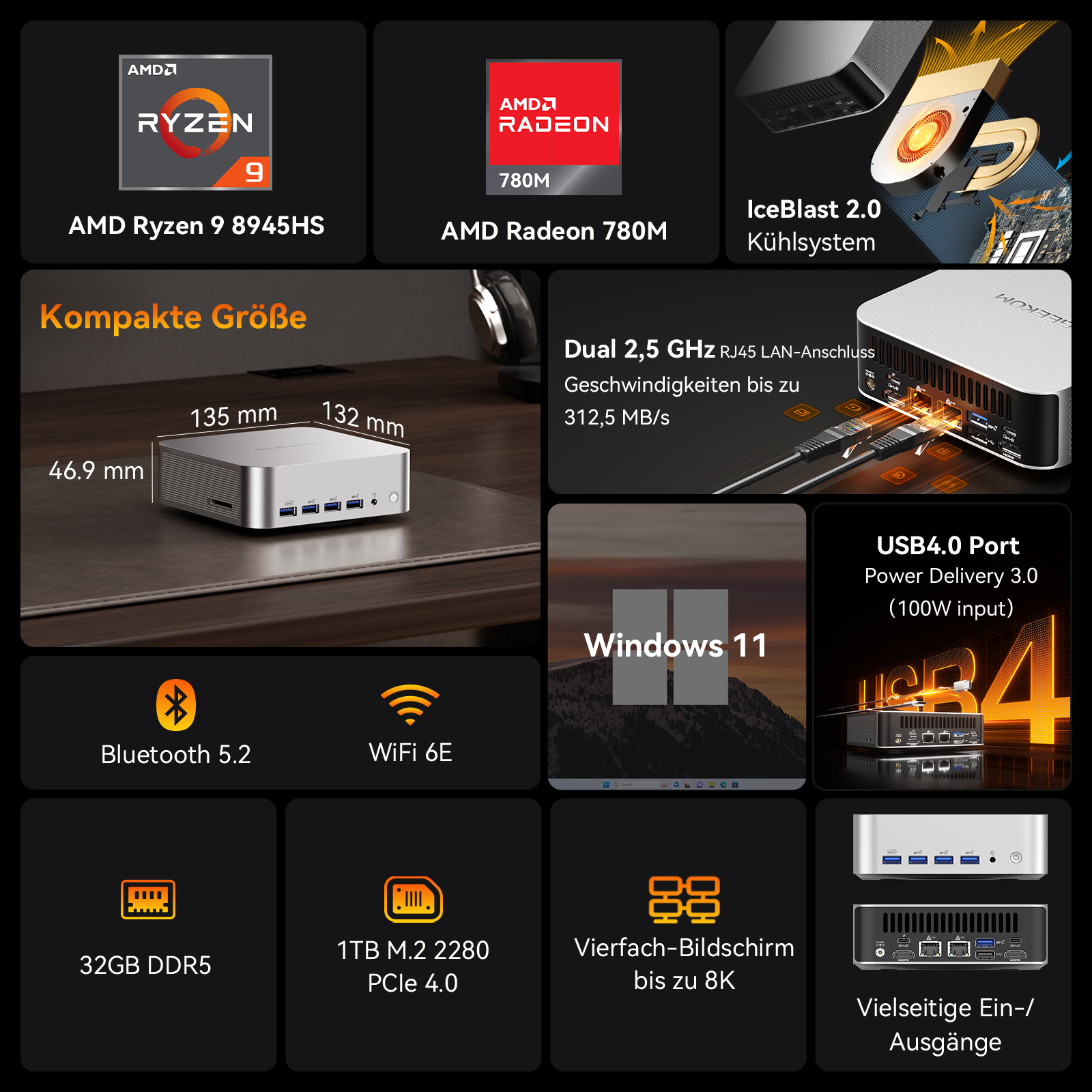 Technische Daten eines Mini-PCs mit AMD Ryzen 9 und Radeon 780M Grafik.